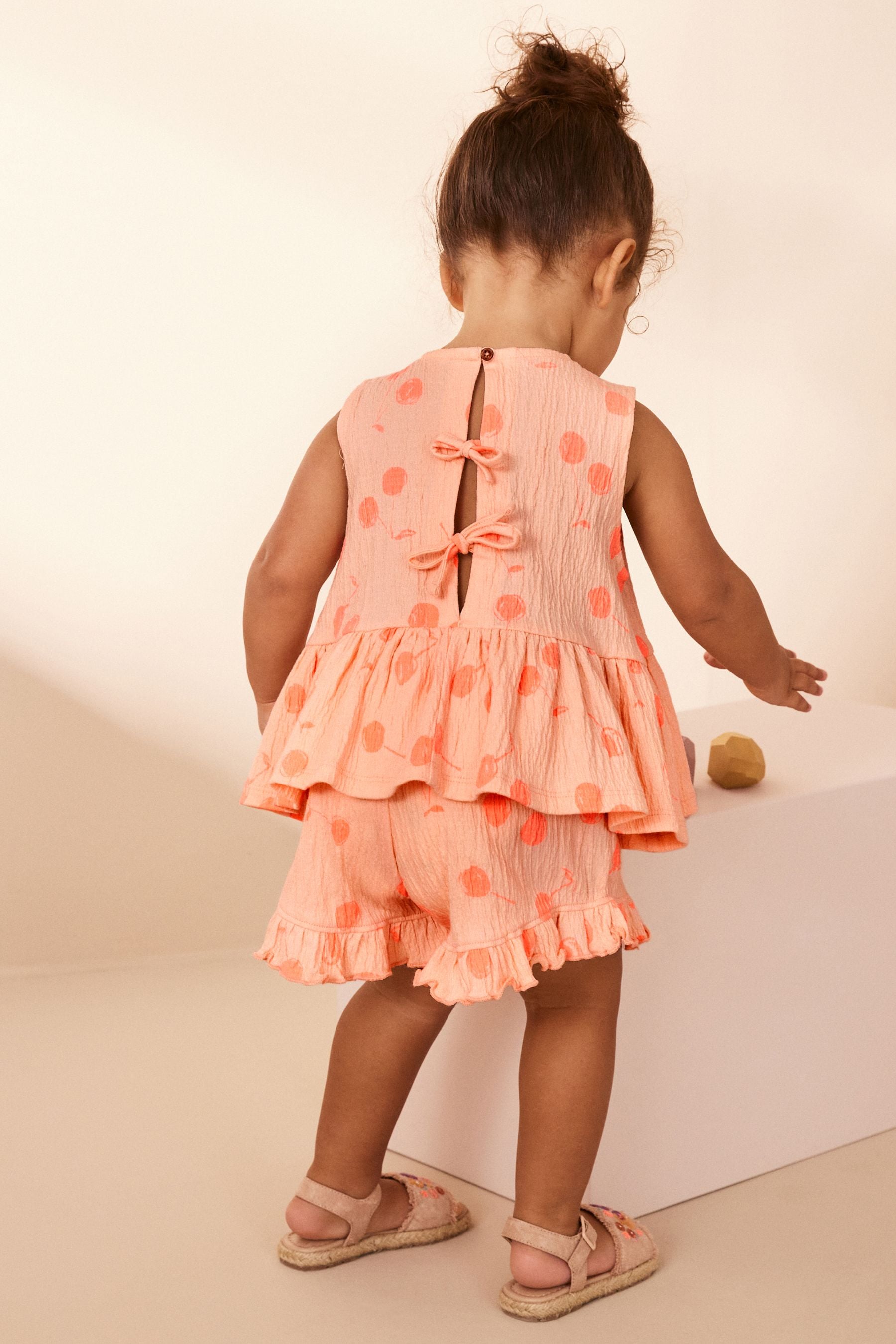 Orange Spot Textured Sleeveless Peplum Top and Shorts Set (3mths-7yrs)