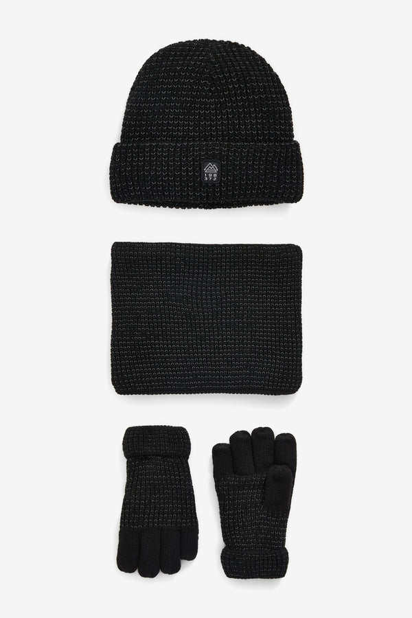 Black Reflective Hat, Snood And Gloves Set (3-16yrs)