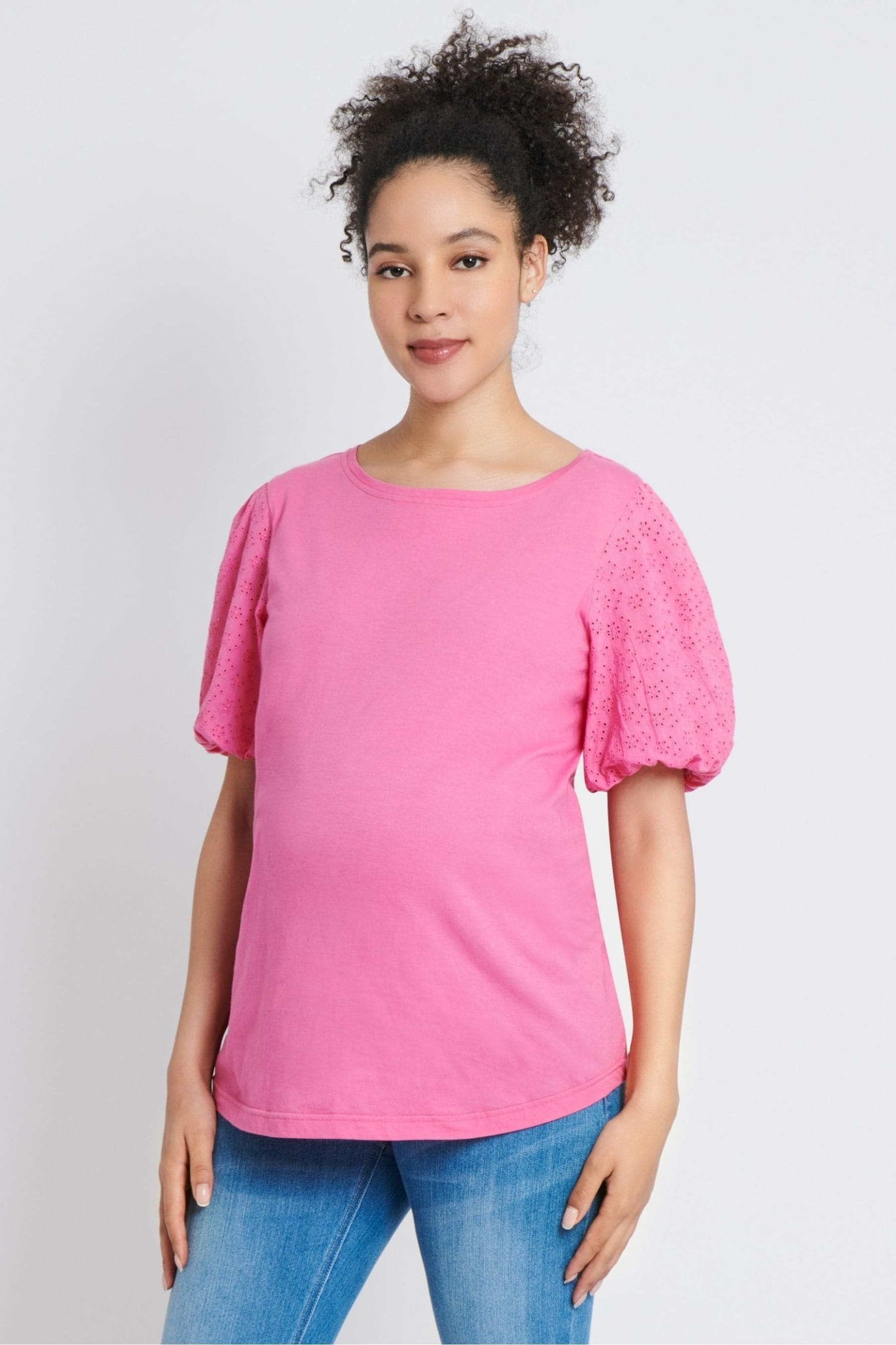 JoJo Maman Bébé Pink Broderie Sleeve Maternity T-Shirt