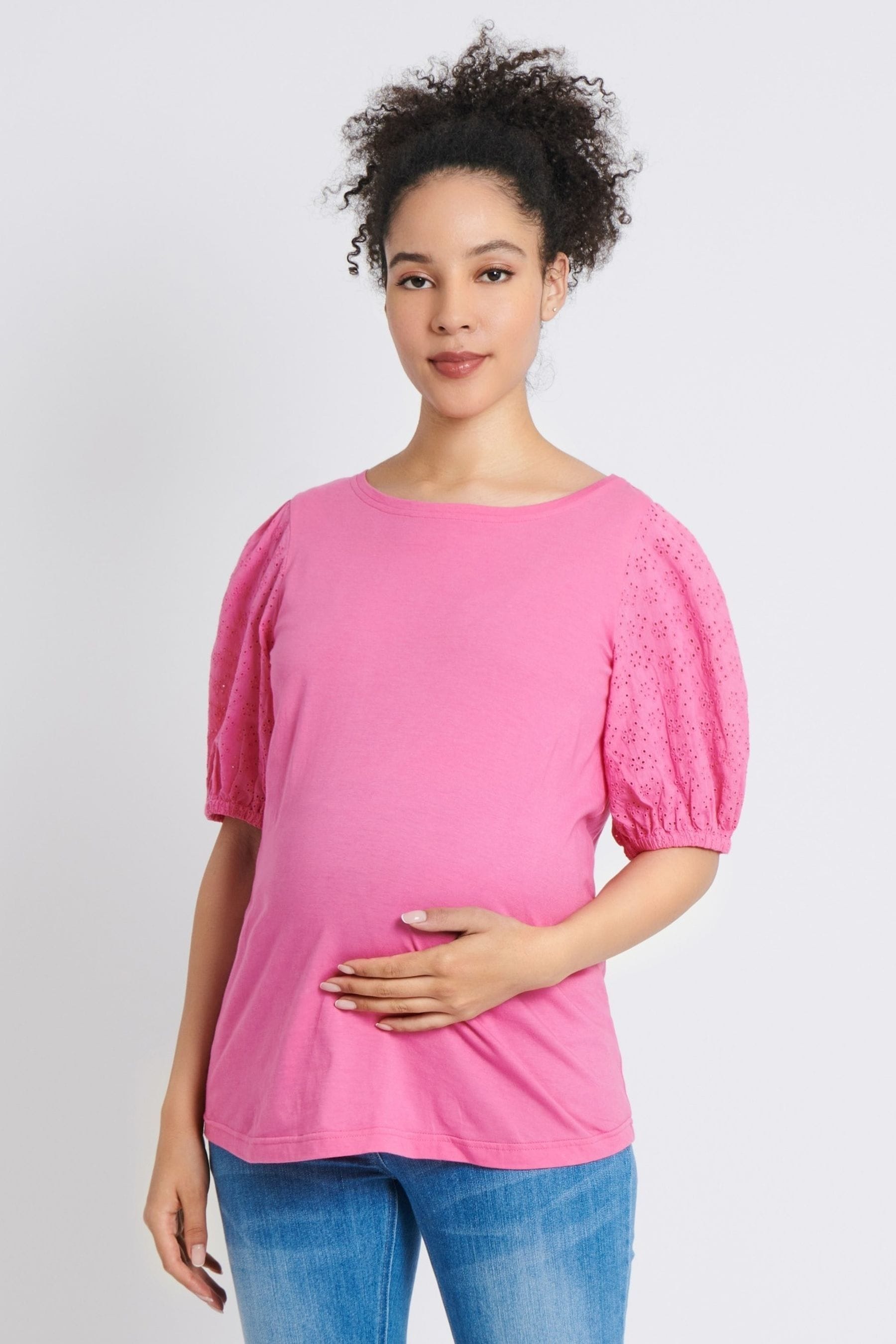 JoJo Maman Bébé Pink Broderie Sleeve Maternity T-Shirt