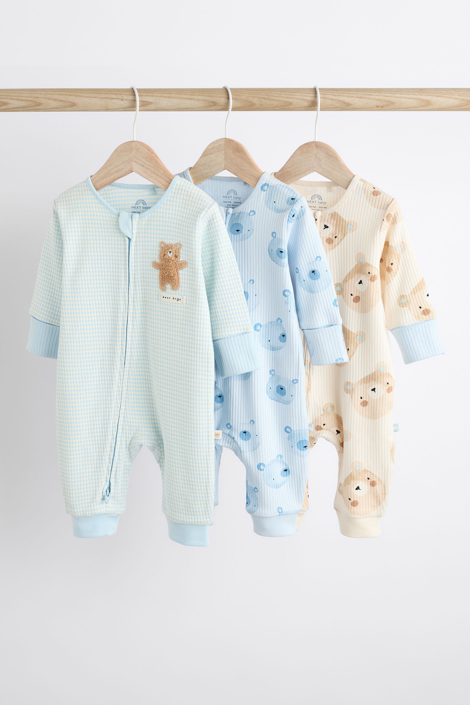 Blue Bear Baby Footless Zip Cotton Sleepsuits 3 Pack (0-2yrs)