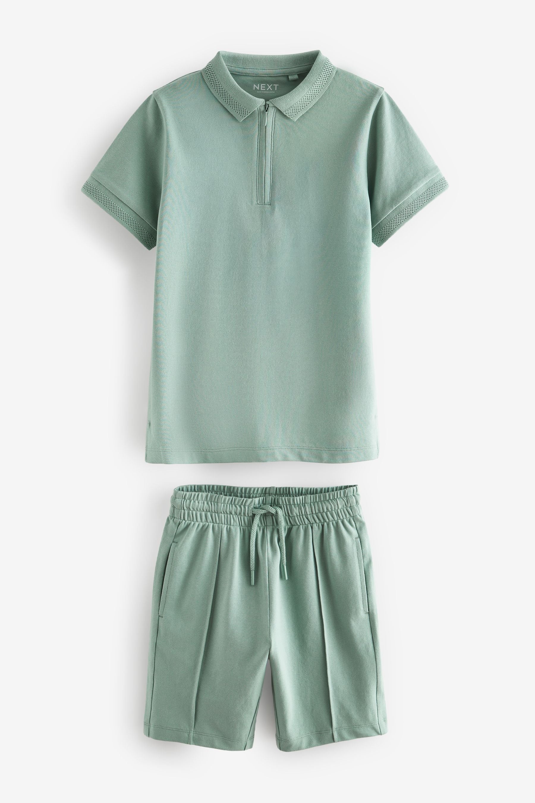 Mineral Green Zip Neck Polo Shirt And Shorts Set (3-16yrs)