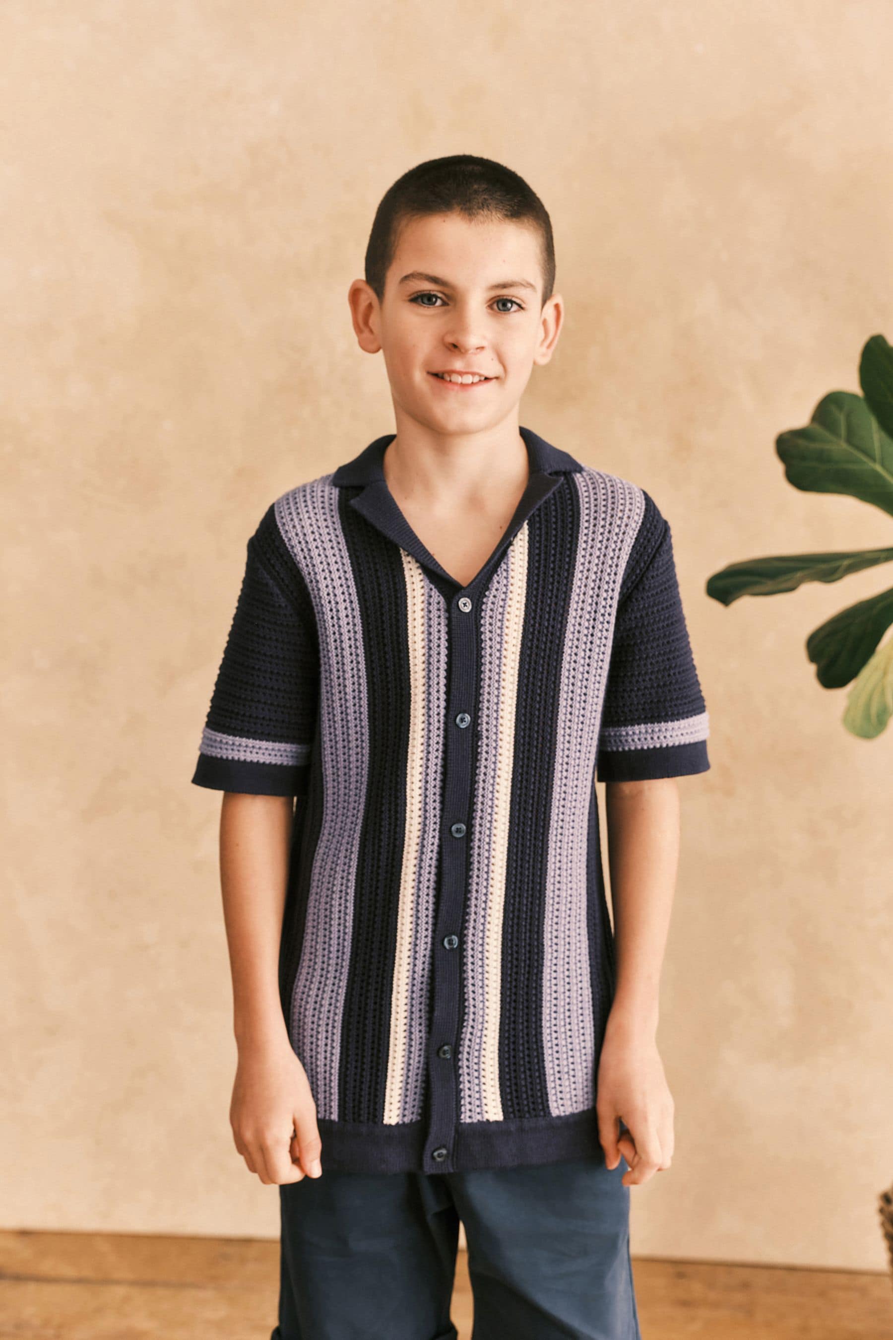 Blue Crochet Stripe Short Sleeved Polo Shirt (3-16yrs)