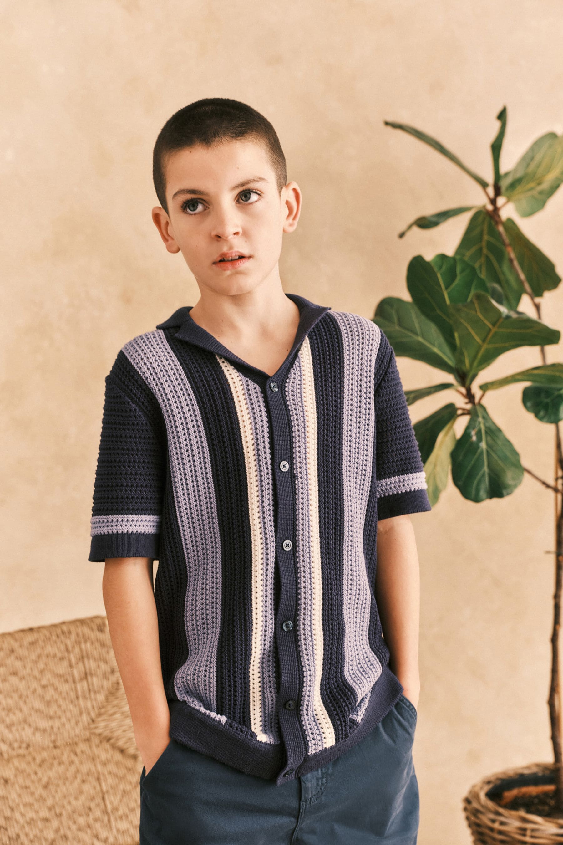 Blue Crochet Stripe Short Sleeved Polo Shirt (3-16yrs)