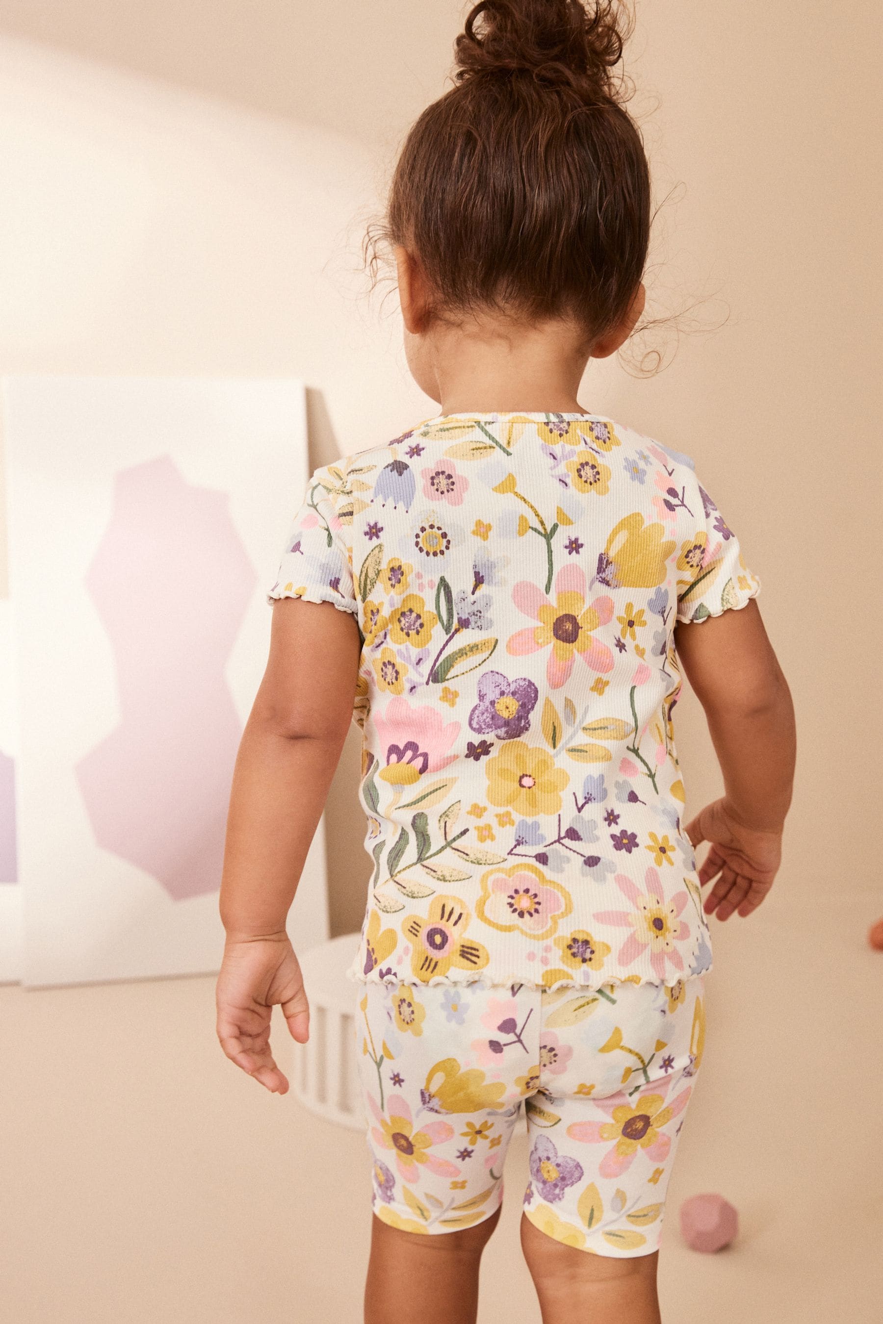 Pink/Yellow Floral Ribbed Short Sleeve T-Shirt and Cycle Shorts Set (3mths-7yrs)