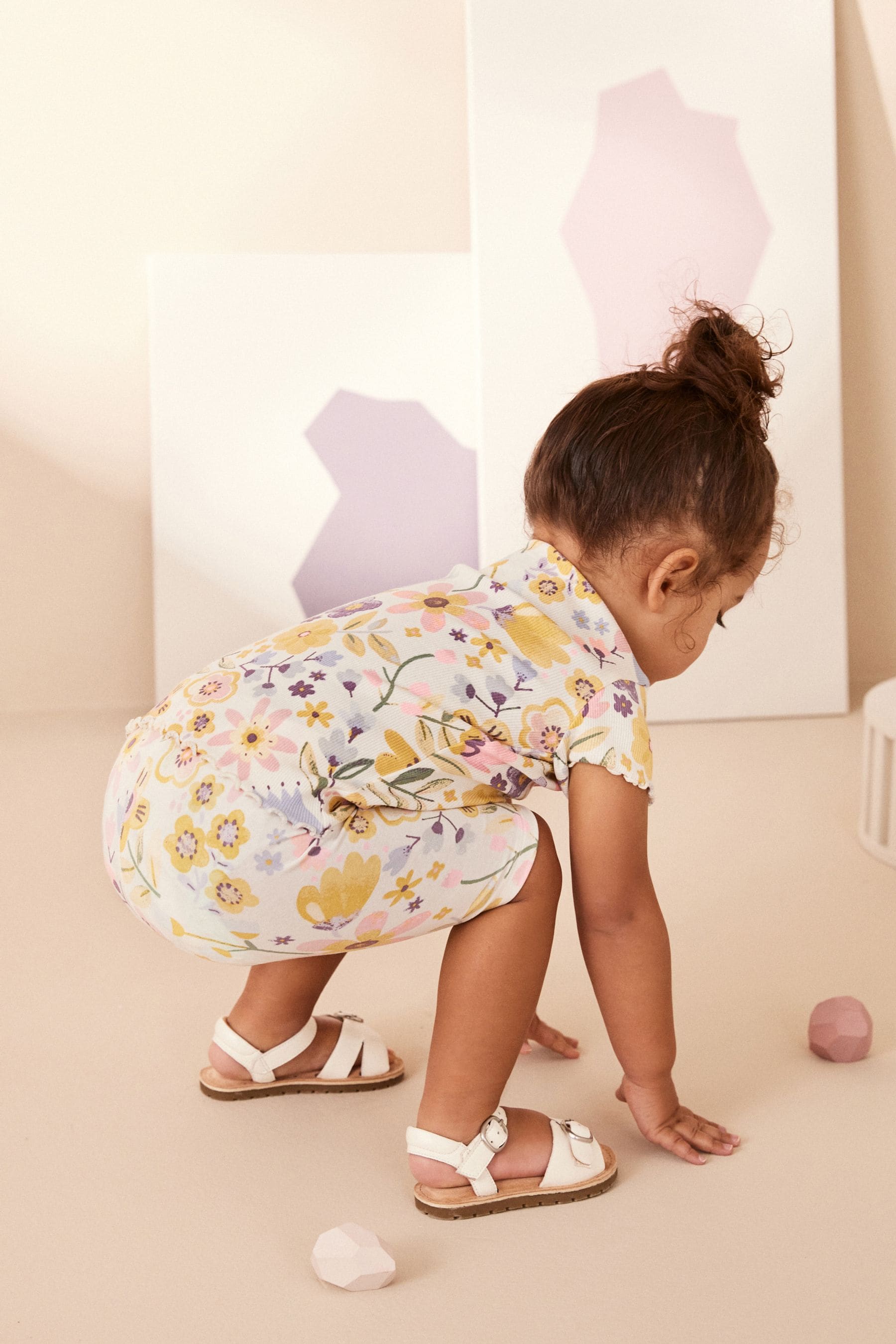 Pink/Yellow Floral Ribbed Short Sleeve T-Shirt and Cycle Shorts Set (3mths-7yrs)