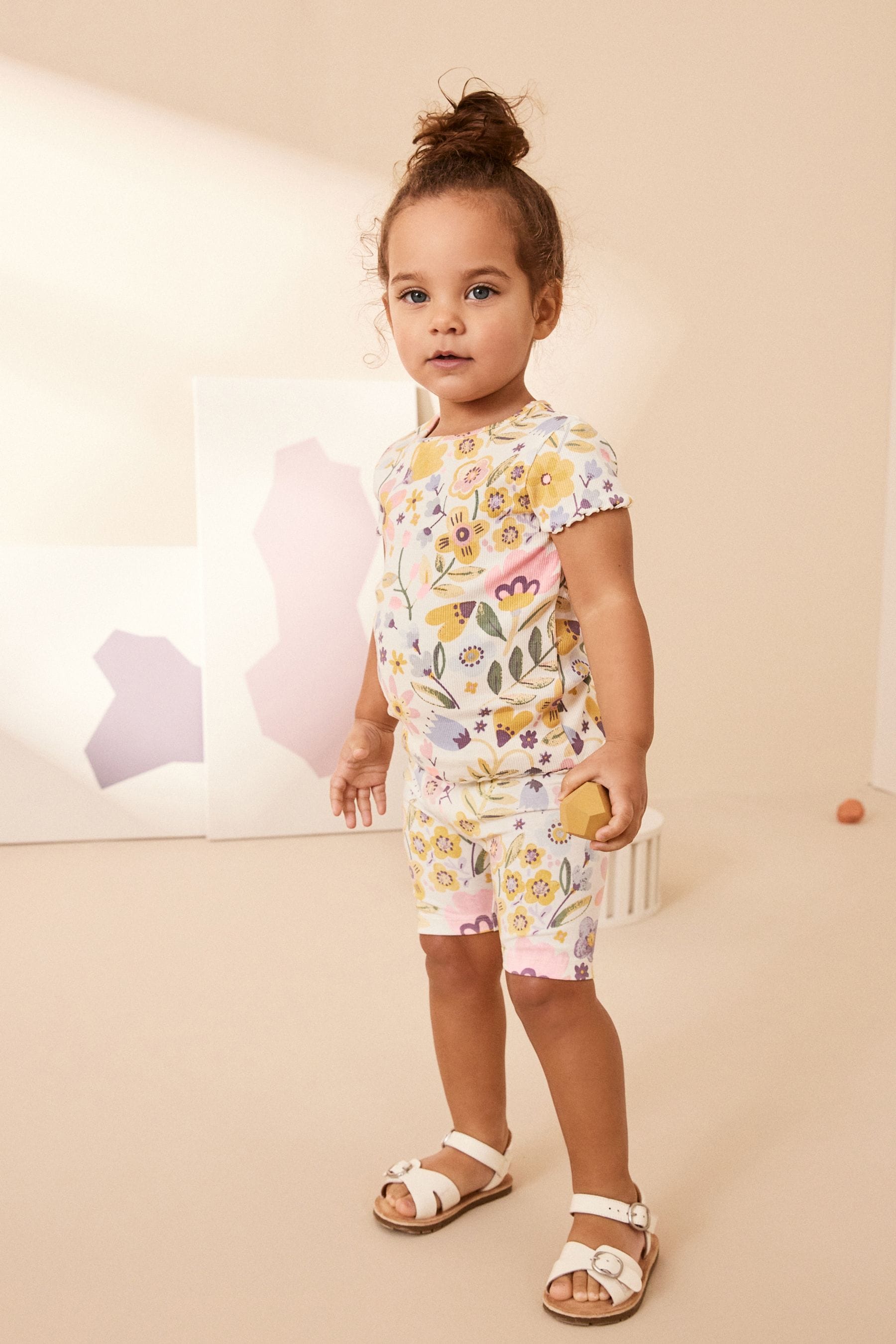 Pink/Yellow Floral Ribbed Short Sleeve T-Shirt and Cycle Shorts Set (3mths-7yrs)