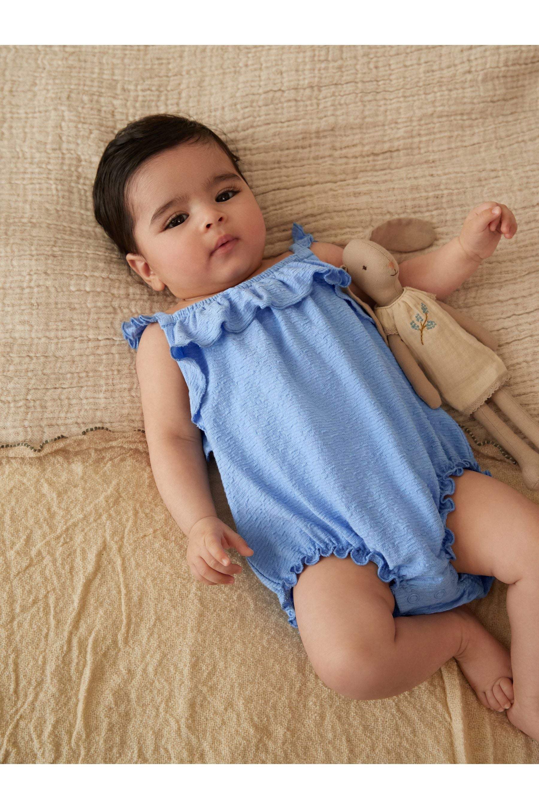 Blue Textured Strappy Baby Romper