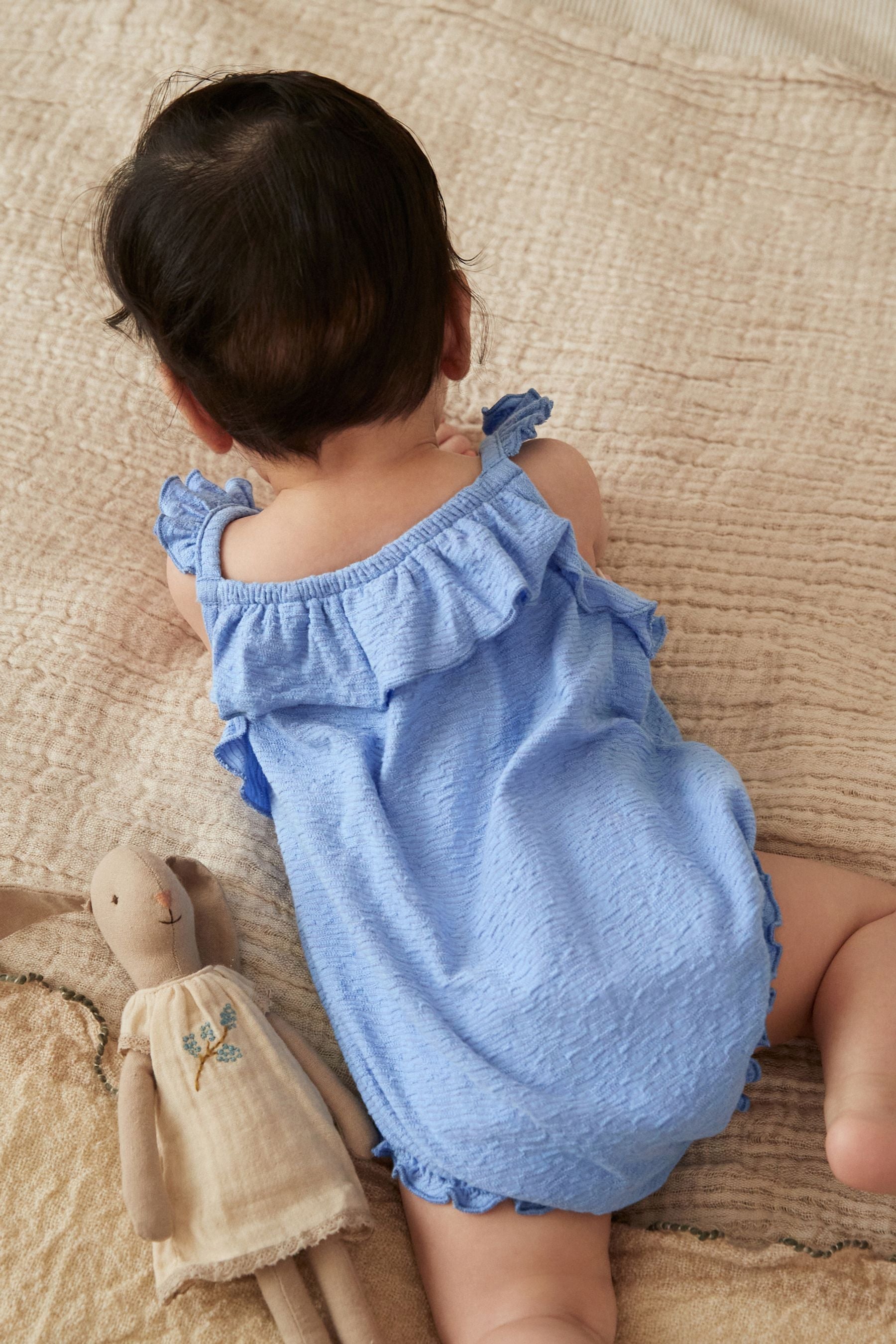 Blue Textured Strappy Baby Romper