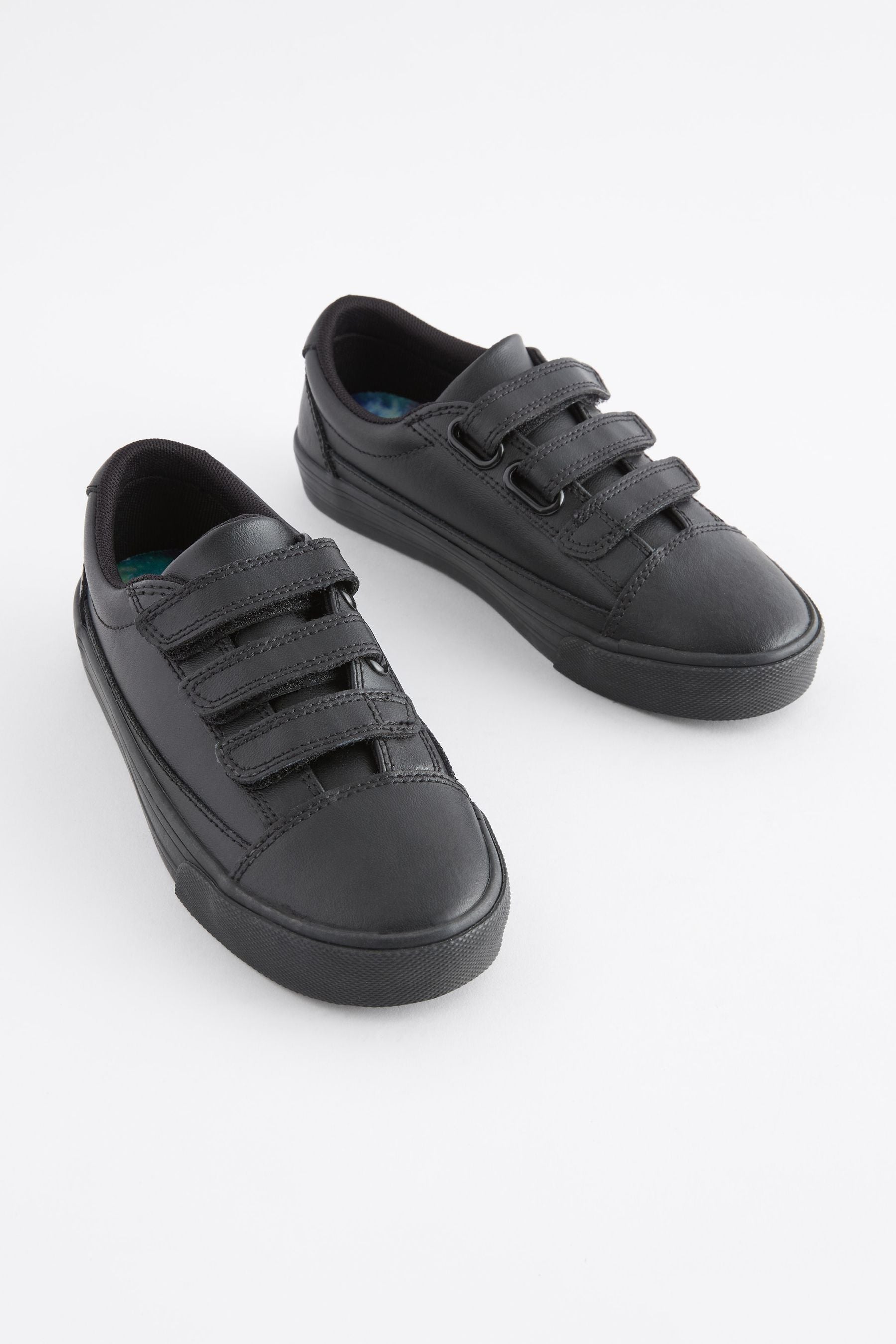 Black Wide Fit (G) Leather Triple Strap School Shoes