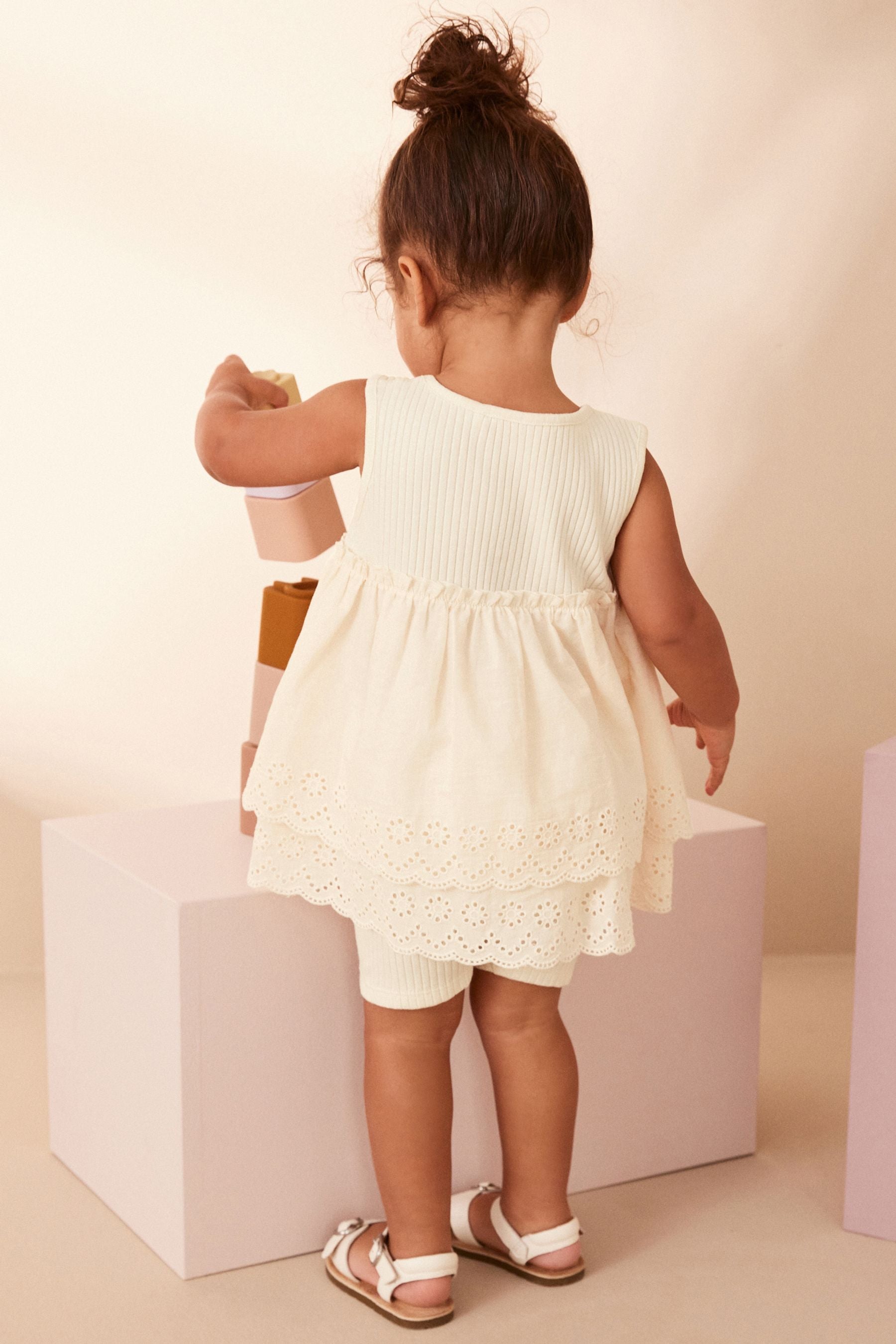 Ecru White Yellow Broderie Top and Cycle Short Set (3mths-7yrs)