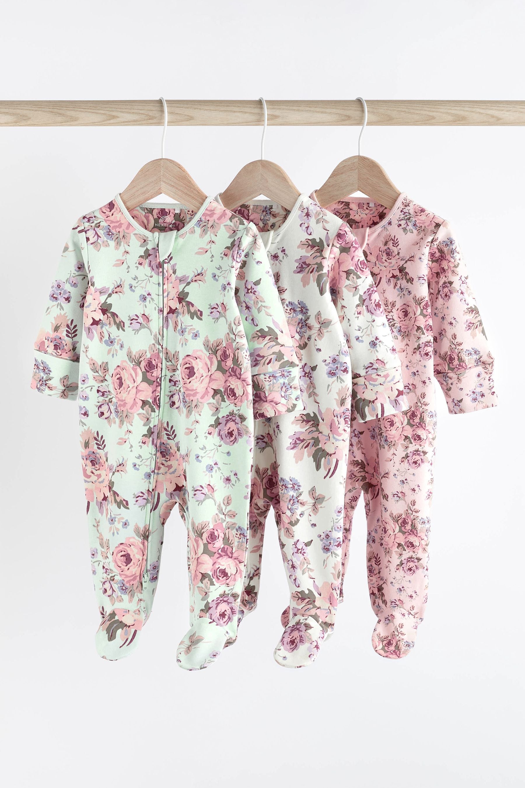 Floral Baby Two Way Zip Sleespuits 3 Pack (0-2yrs)