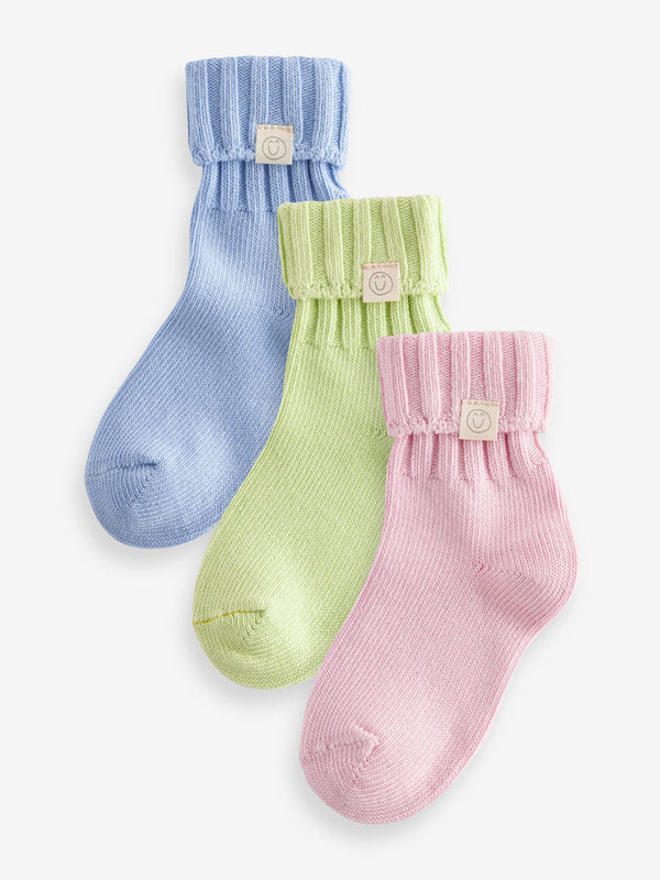 PInk, Blue and Green Cotton Rich Roll Top Ankle Socks 3 Pack