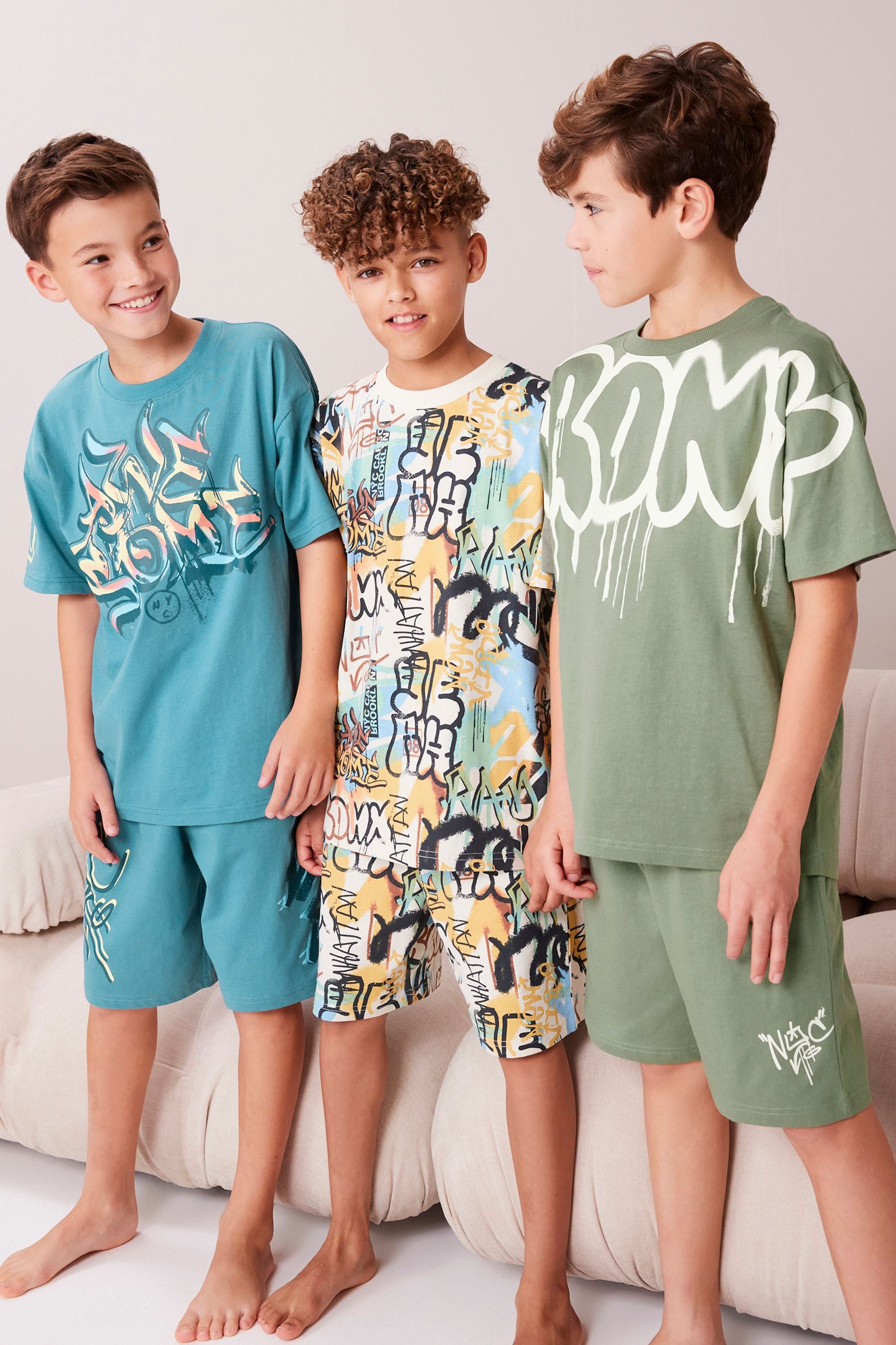 Blue/Green Graffiti Short Pyjamas 3 Pack (3-16yrs)