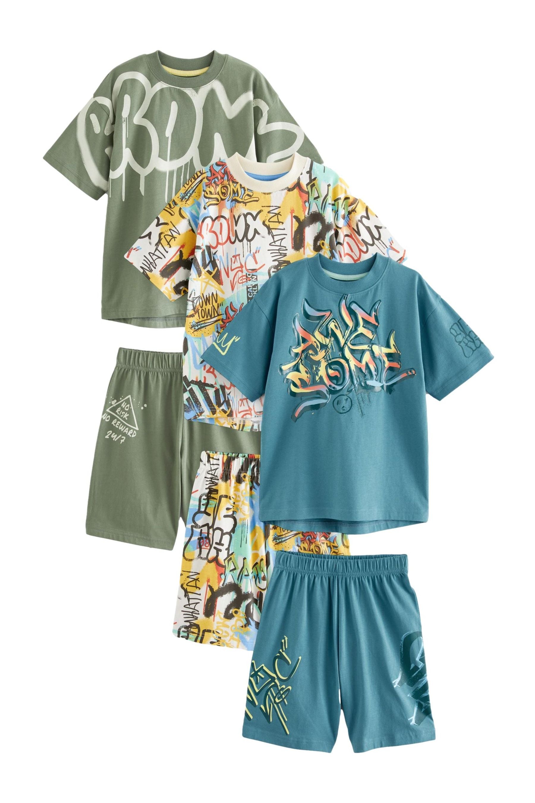 Blue/Green Graffiti Short Pyjamas 3 Pack (3-16yrs)