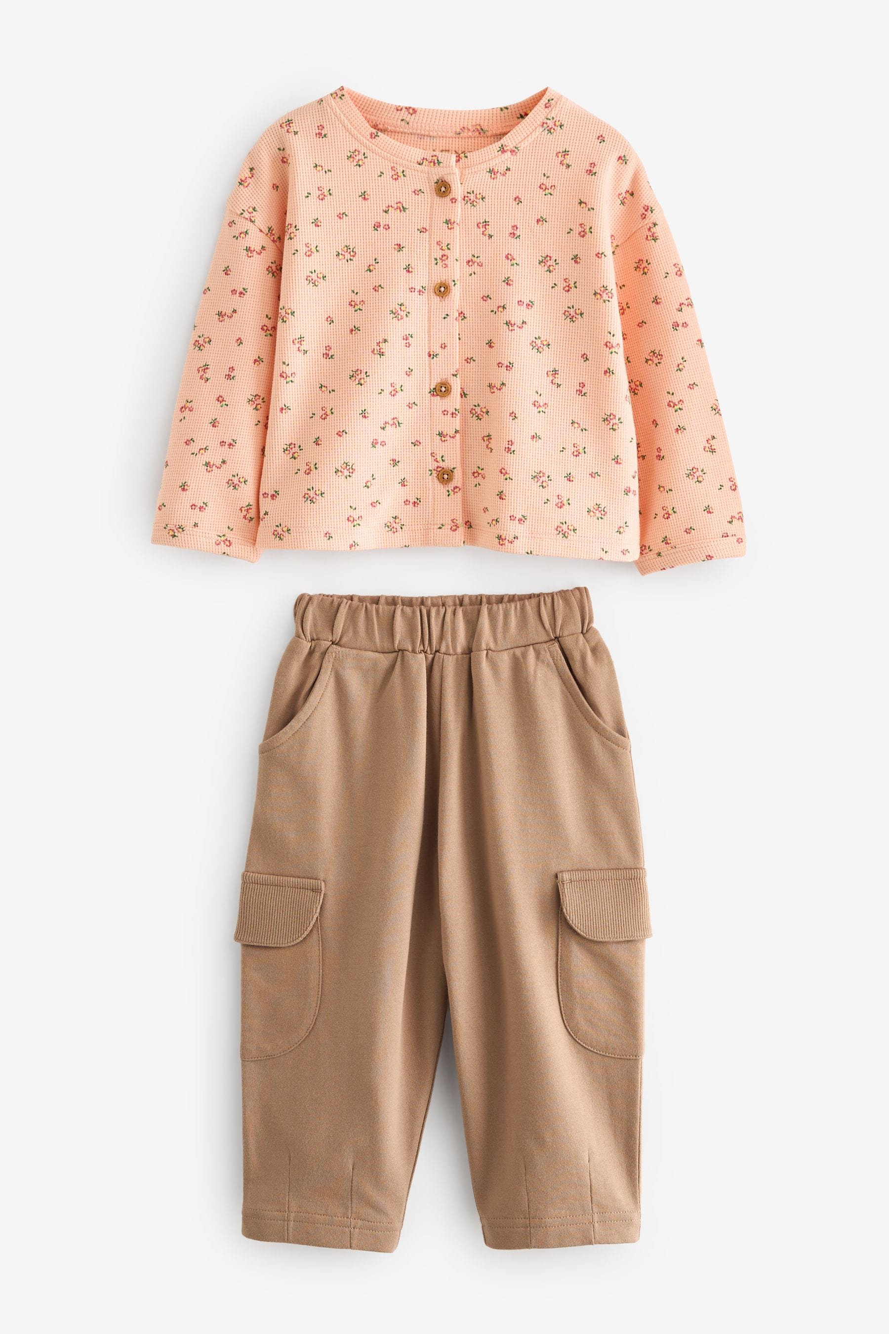 Pink Ditsy Floral Long Sleeve Cardigan and Cargo Trousers Set (3mths-7yrs)