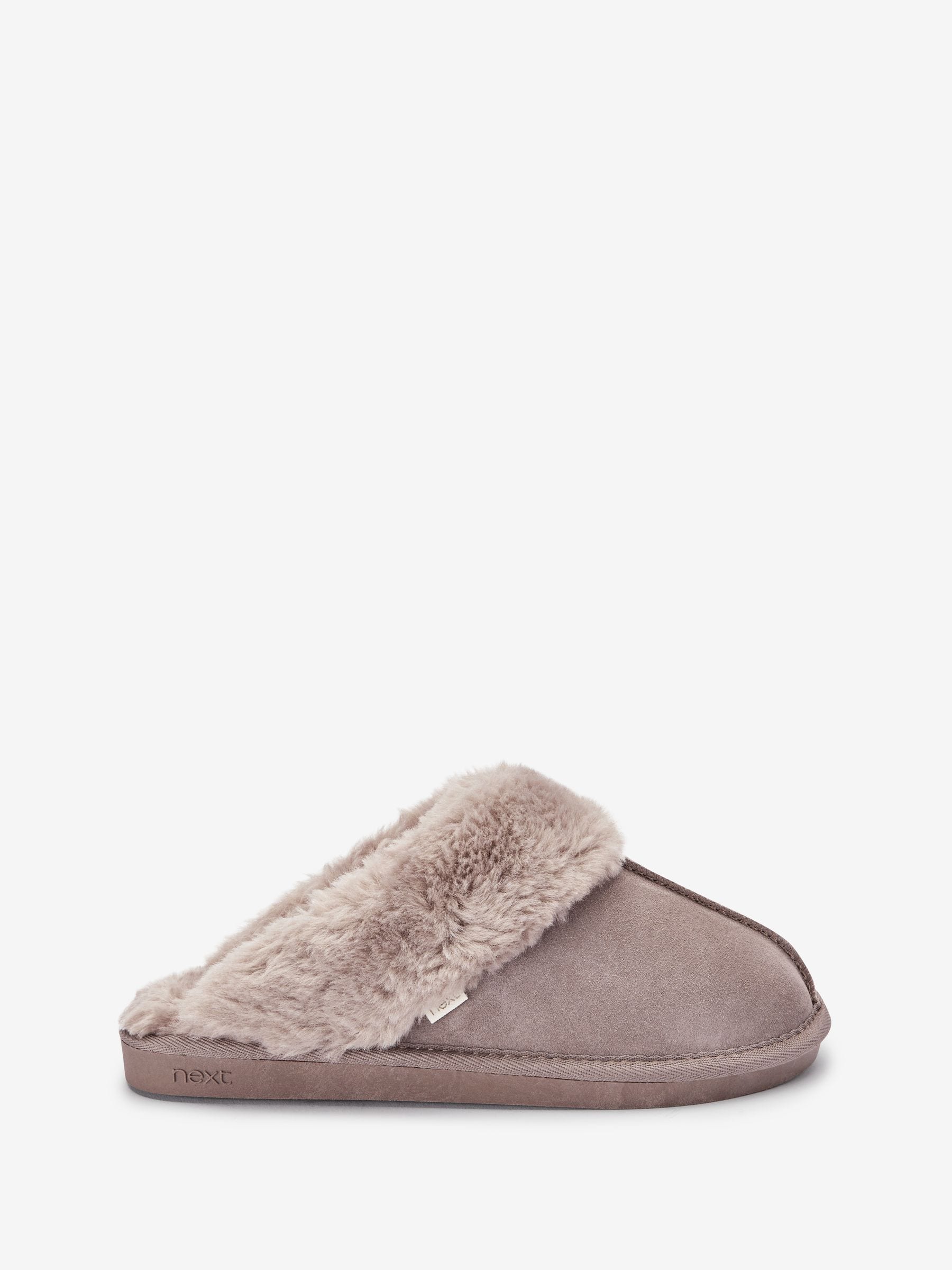 Beige Tiger Print Suede Faux Fur Lined Mule Slippers