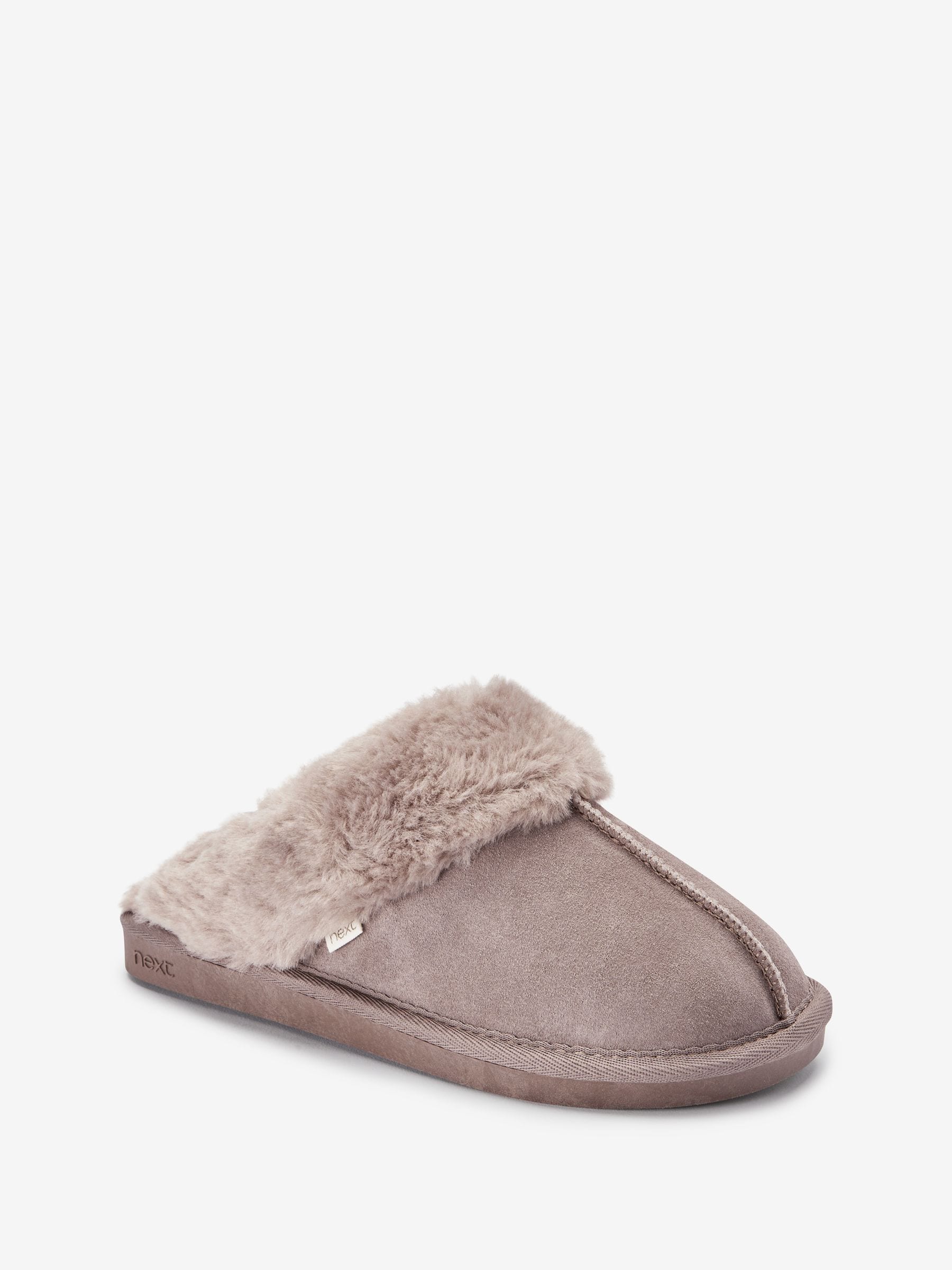 Beige Tiger Print Suede Faux Fur Lined Mule Slippers