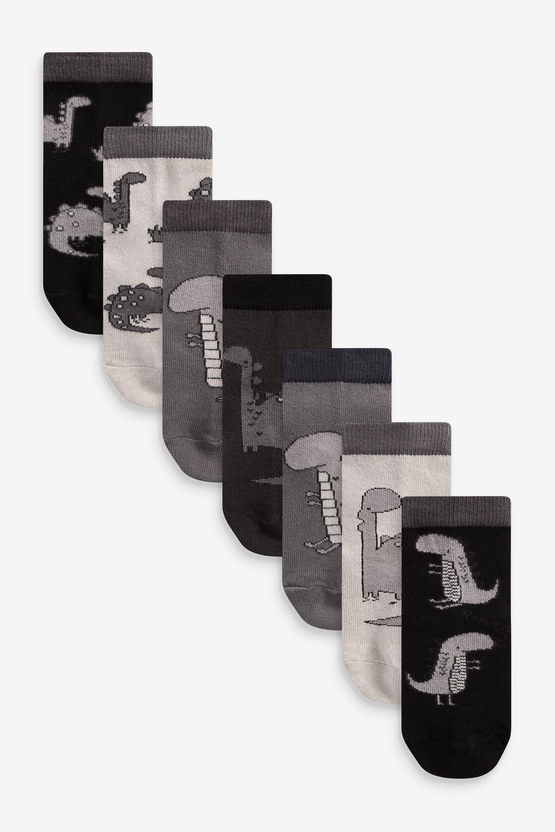 Black/Grey Dinosaur Cotton Rich Socks 7 Pack