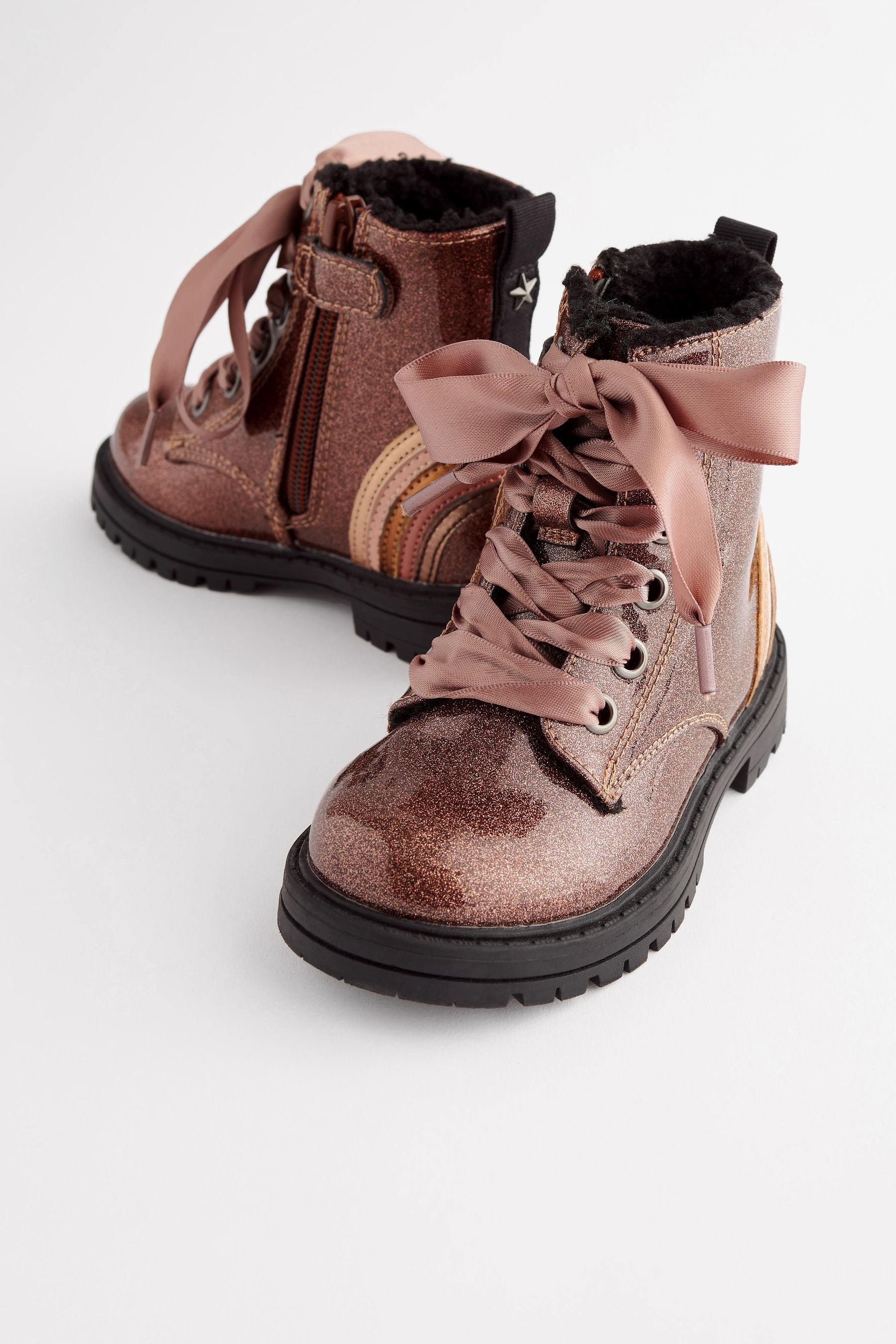 Rose Gold Pink Wide Fit (G) Warm Lined Lace-Up Boots