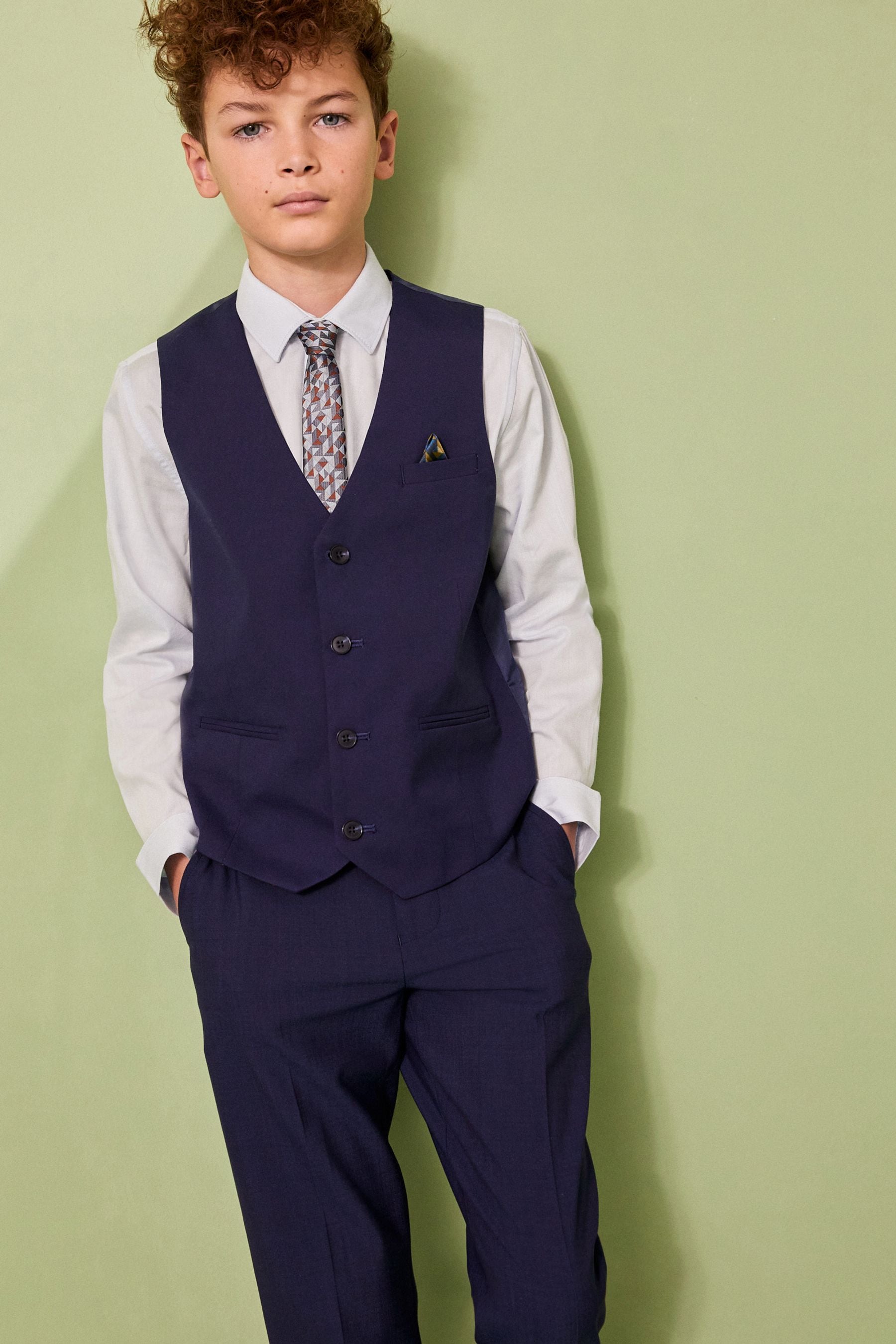 Navy Blue Waistcoat, Blue Shirt & Tie Set Waistcoat (12mths-16yrs)