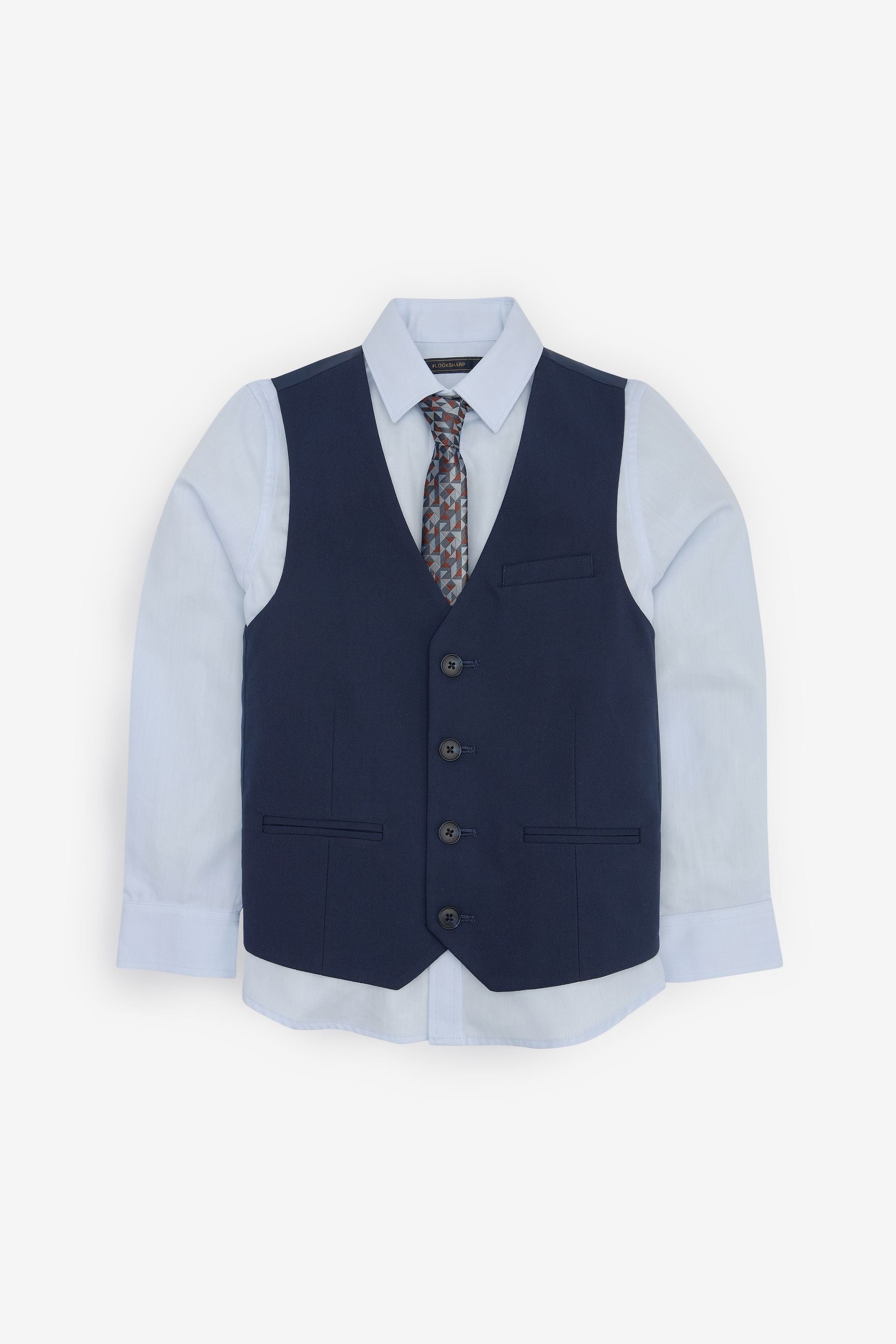 Navy Blue Waistcoat, Blue Shirt & Tie Set Waistcoat (12mths-16yrs)