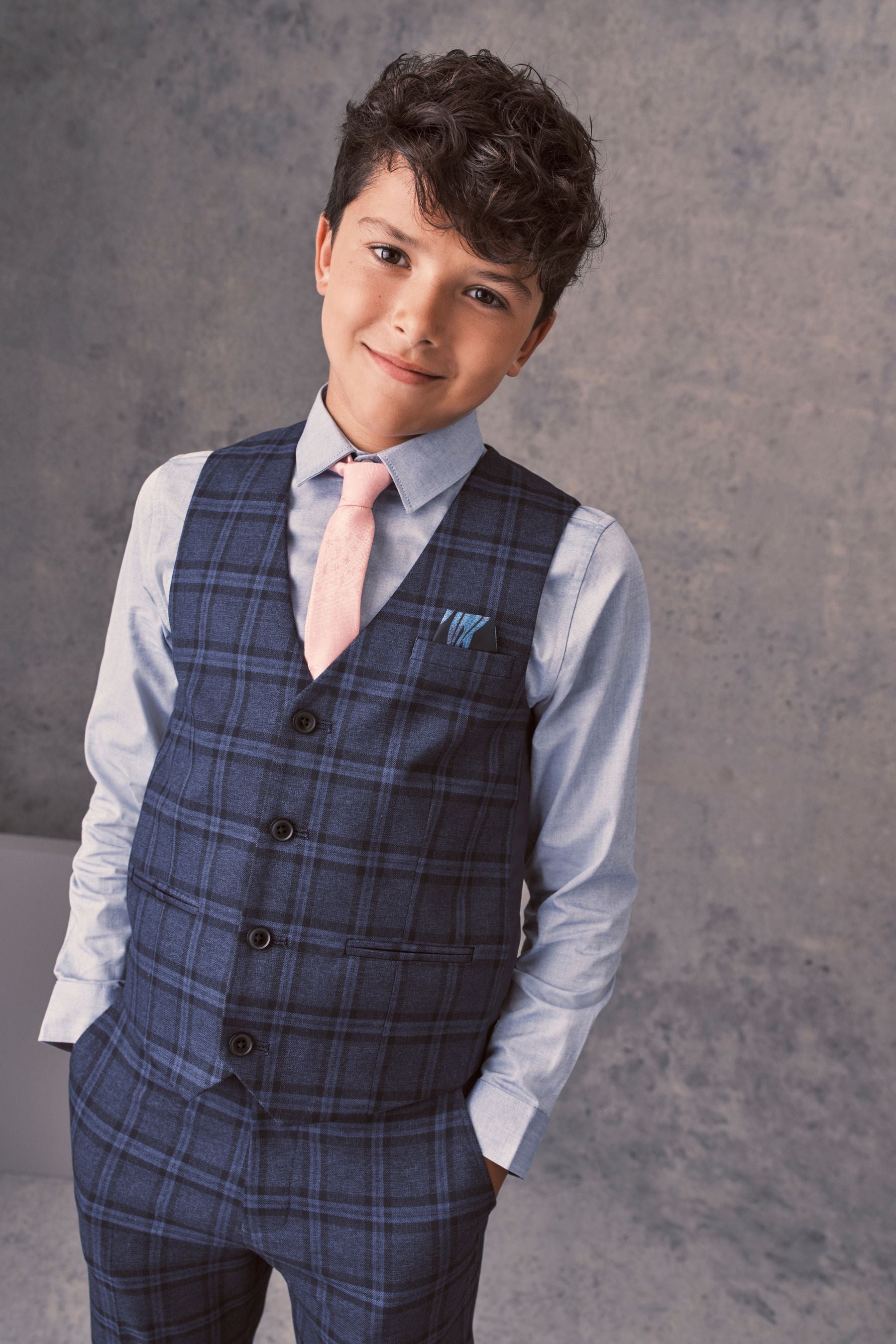 Blue Check Waistcoat, Blue Shirt & Tie Set Waistcoat (12mths-16yrs)