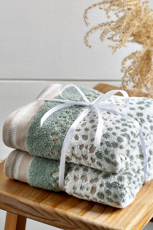 Set of 2 Sage Green 100% Cotton Hand Polka Dot Towels