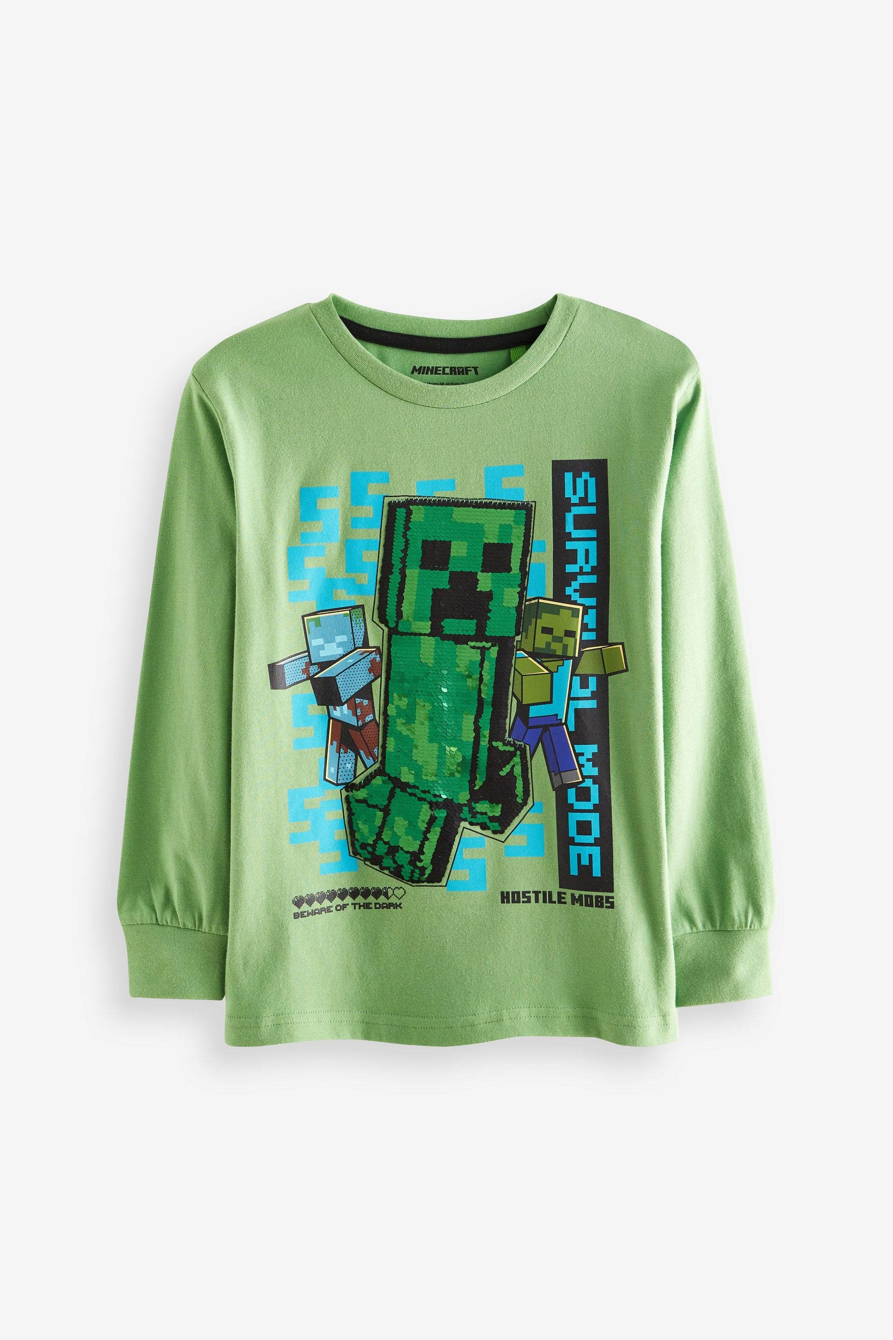 Green Minecraft Creeper 100% Cotton Long Sleeve Flippy Sequin T-Shirt (4-16yrs)