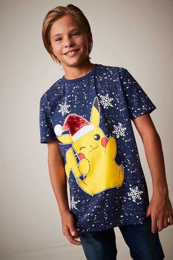 Navy Blue Pikachu Christmas Short Sleeve 100% Cotton T-Shirt (4-16yrs)