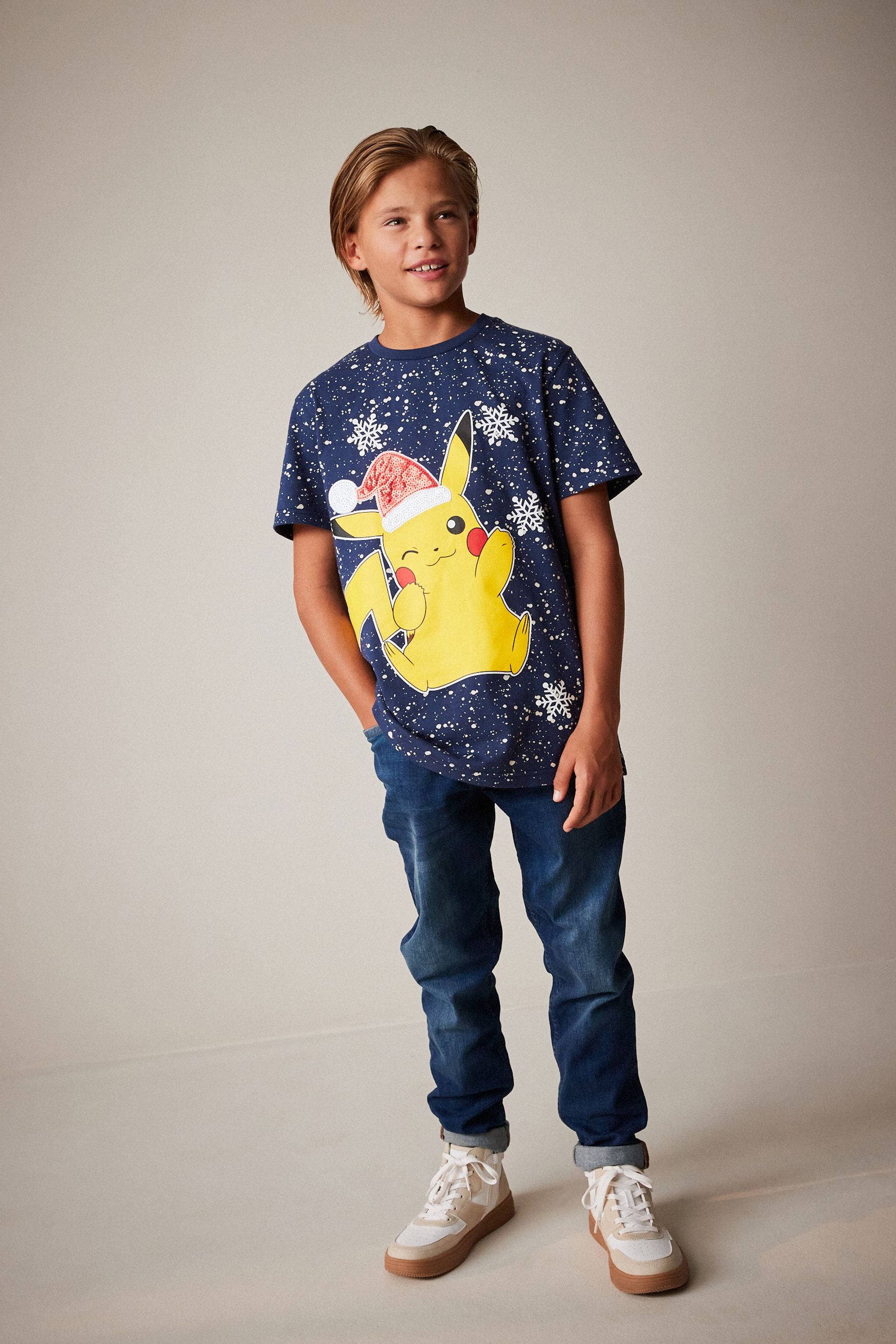 Navy Blue Pikachu Christmas Short Sleeve 100% Cotton T-Shirt (4-16yrs)