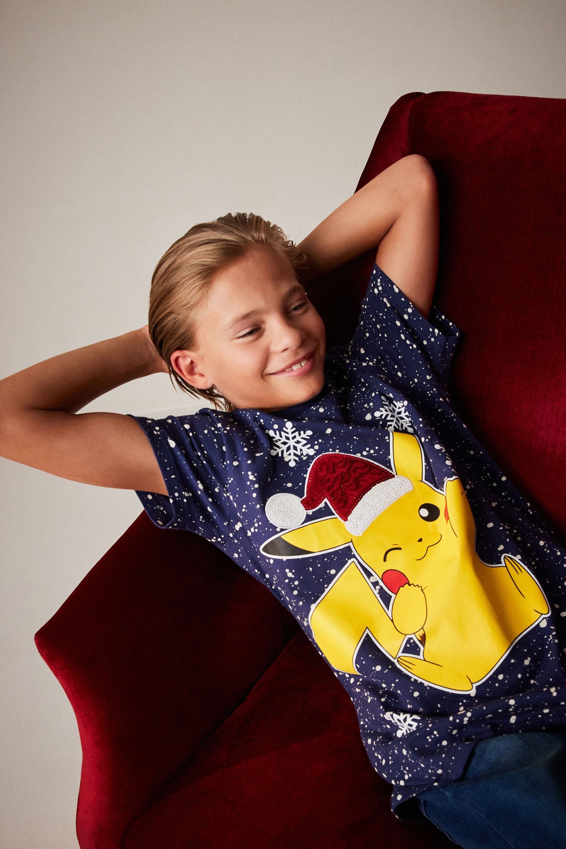 Navy Blue Pikachu Christmas Short Sleeve 100% Cotton T-Shirt (4-16yrs)