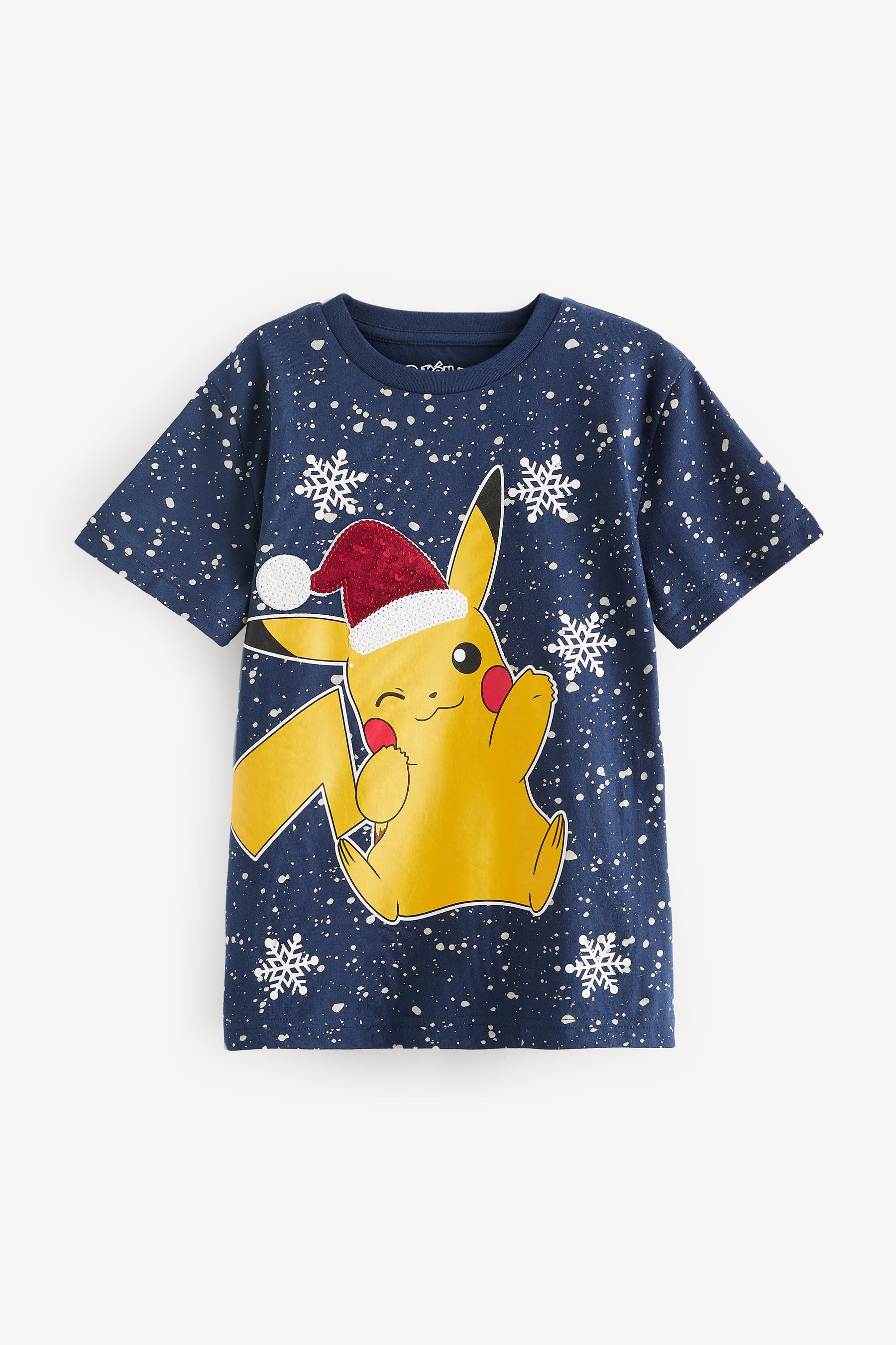 Navy Blue Pikachu Christmas Short Sleeve 100% Cotton T-Shirt (4-16yrs)