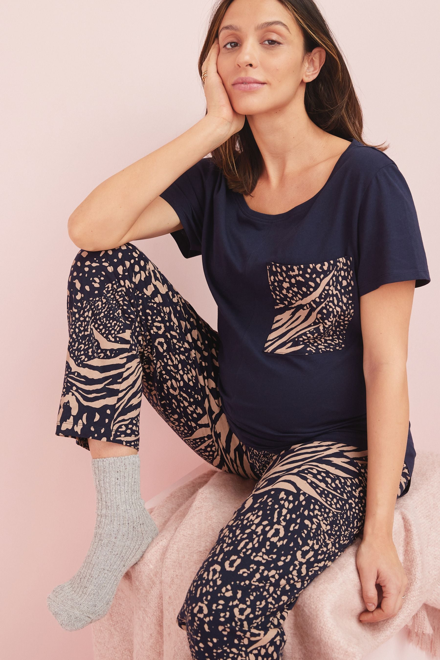 Navy Blue Animal Maternity 100% Cotton Pyjamas