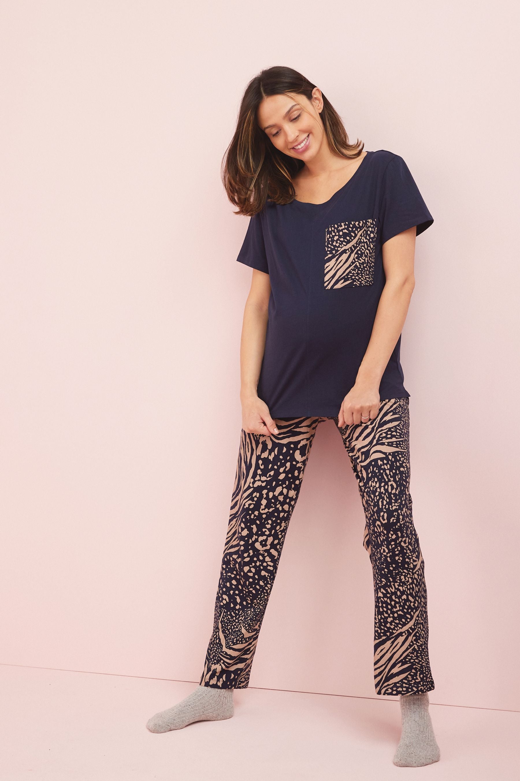 Navy Blue Animal Maternity 100% Cotton Pyjamas