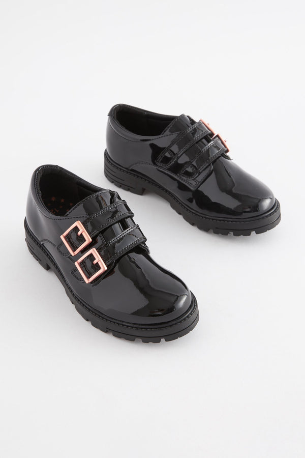 Black Leather Rose Gold Touch Fastening Buckle School Shoes