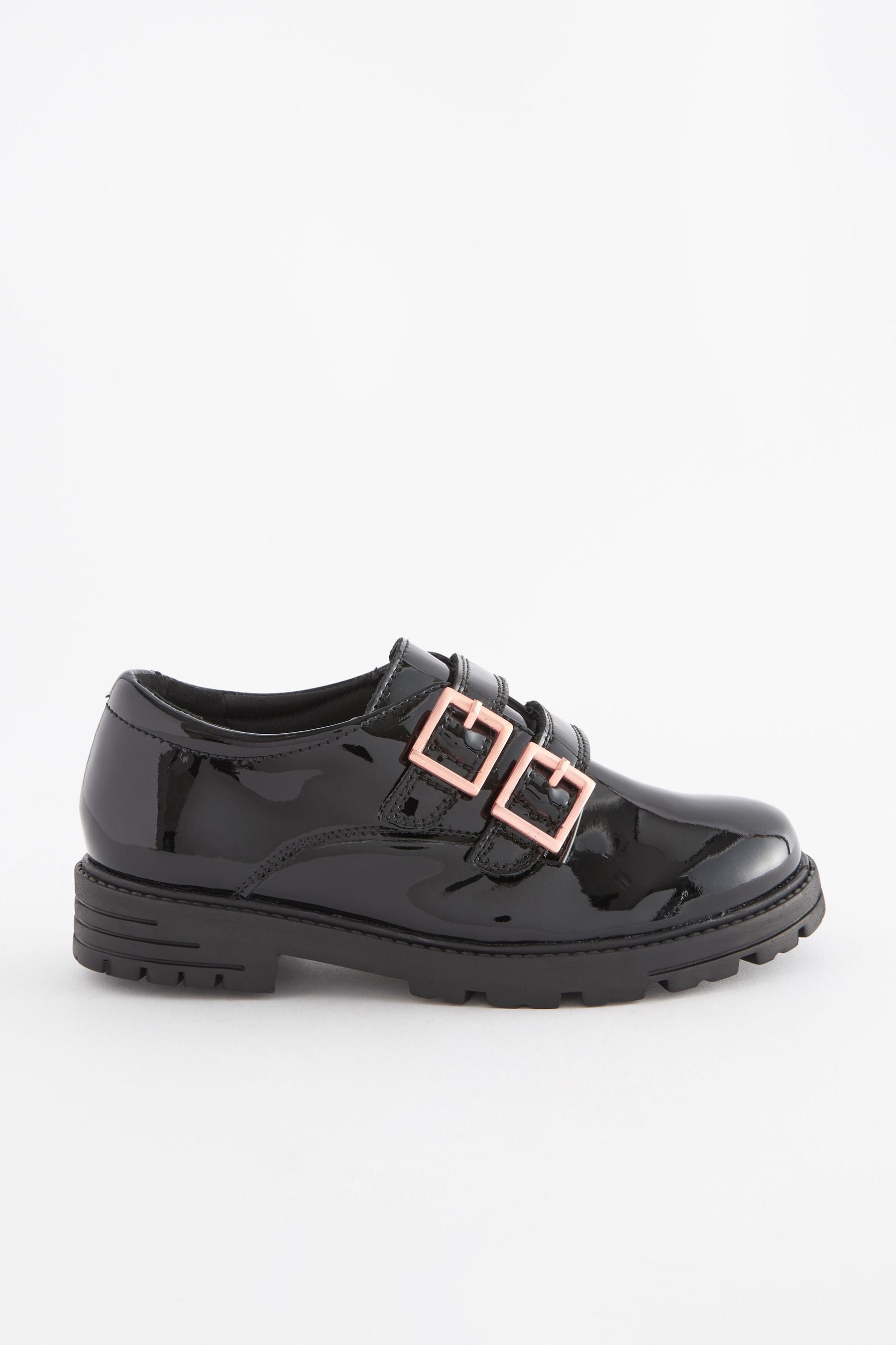 Black Leather Rose Gold Touch Fastening Buckle School Shoes