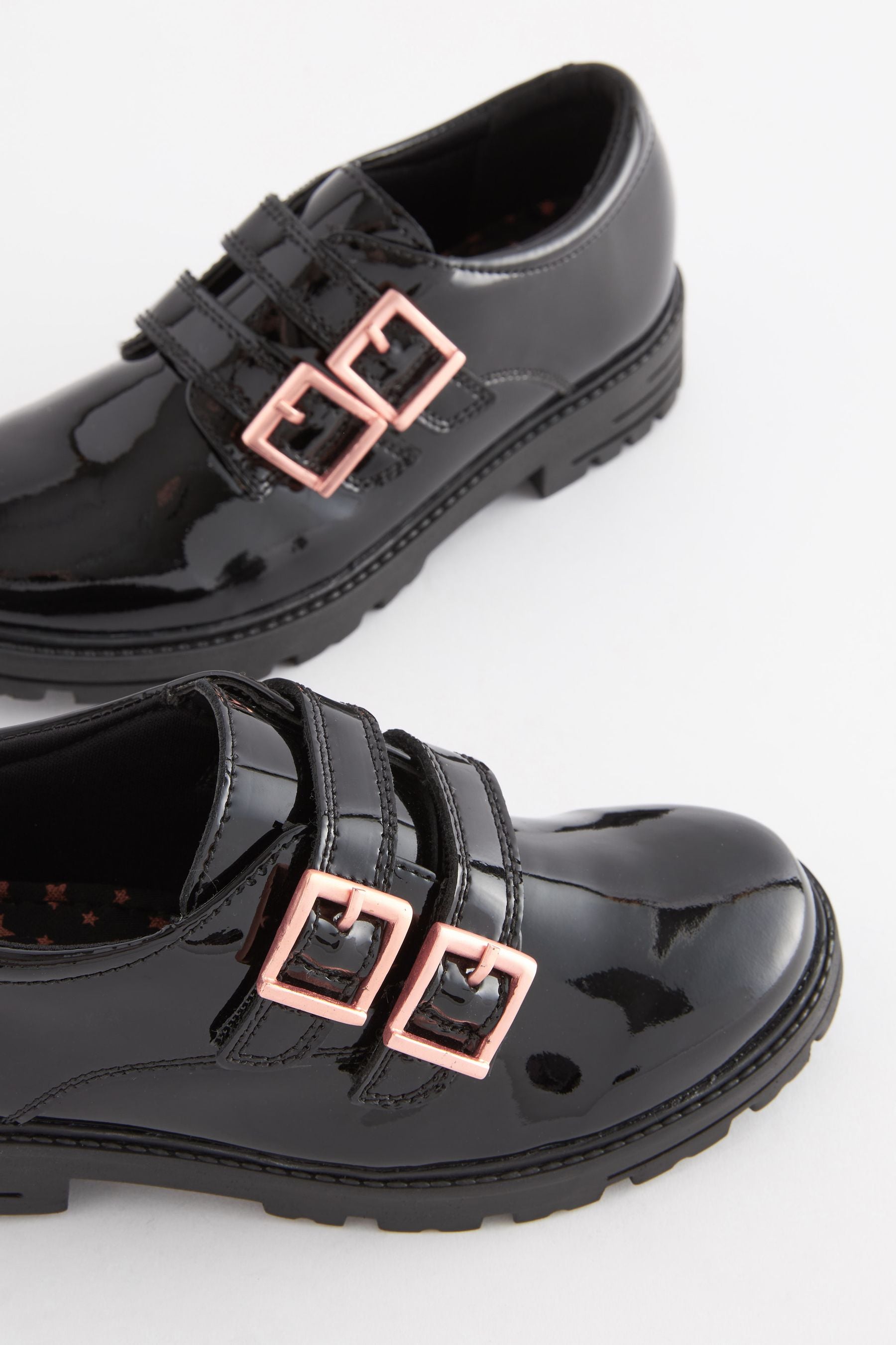 Black Leather Rose Gold Touch Fastening Buckle School Shoes