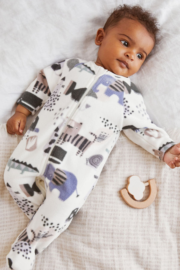 Cream and Grey Animal Baby Fleece Sleepsuit