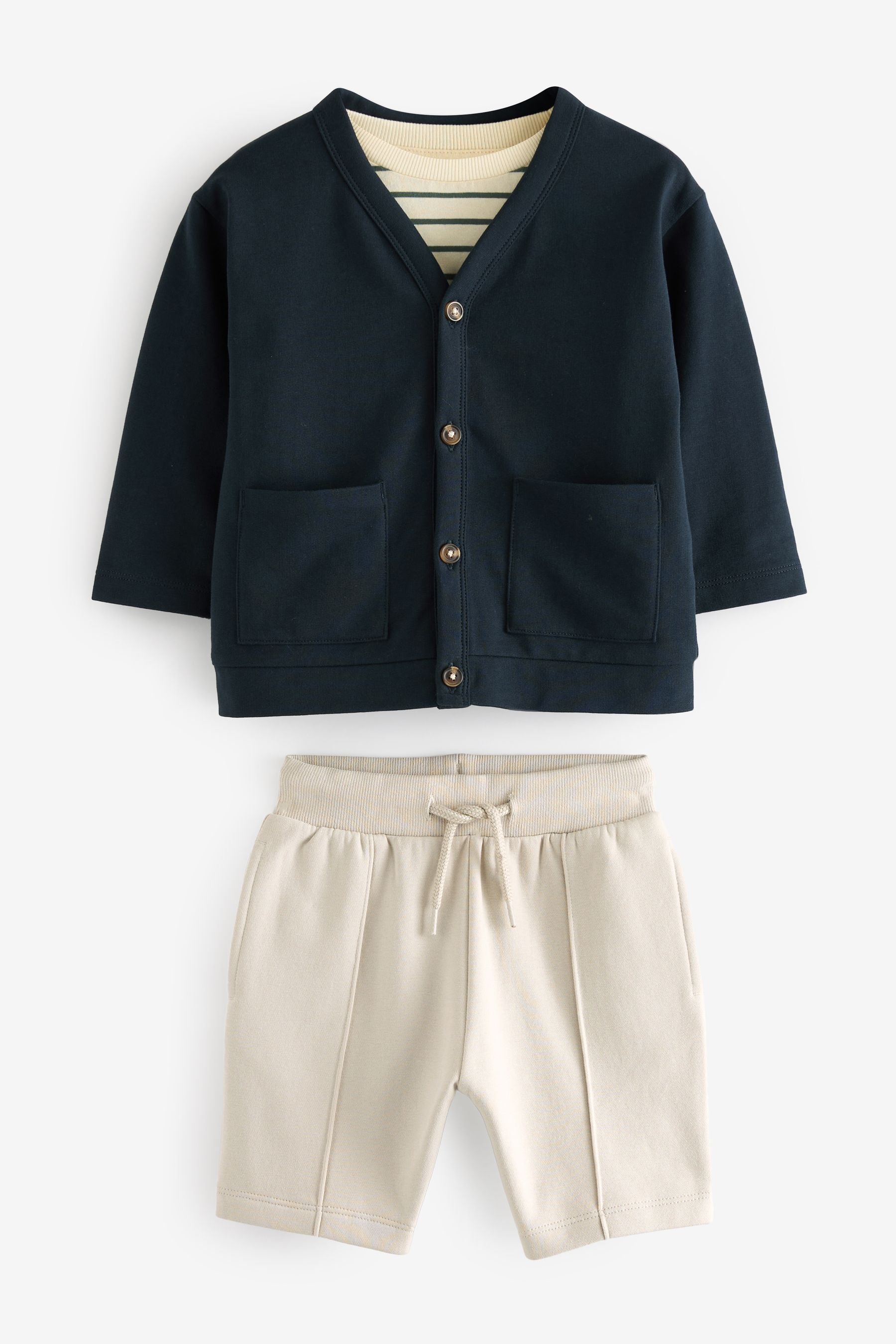 Navy Blue/Stone Brown Jersey Cardigan And Joggers 3 Piece Set (3mths-7yrs)