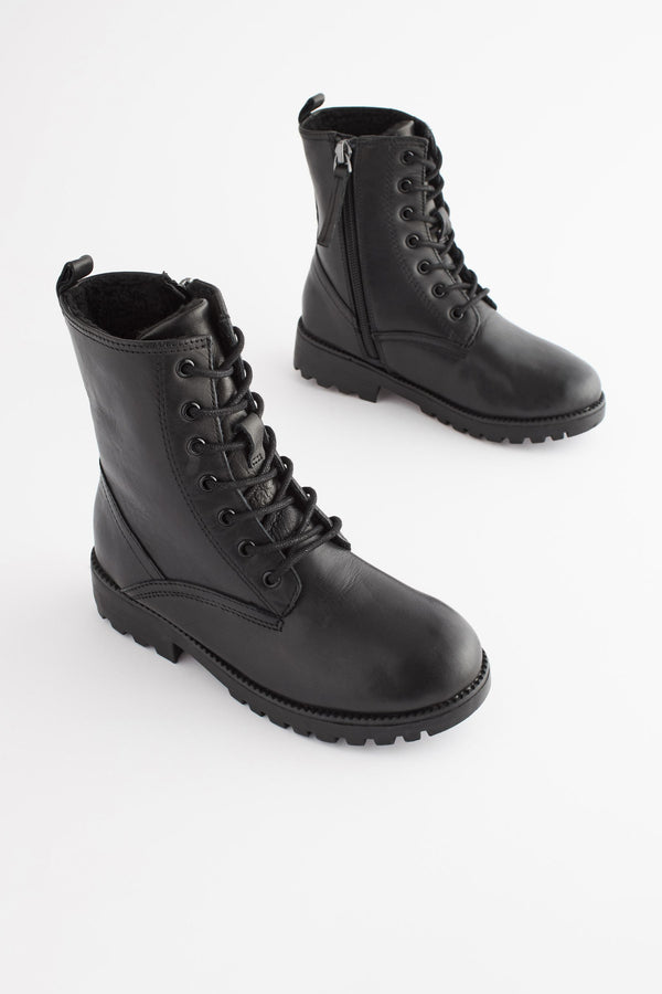 Black Leather Warm Lined Lace Up Boots