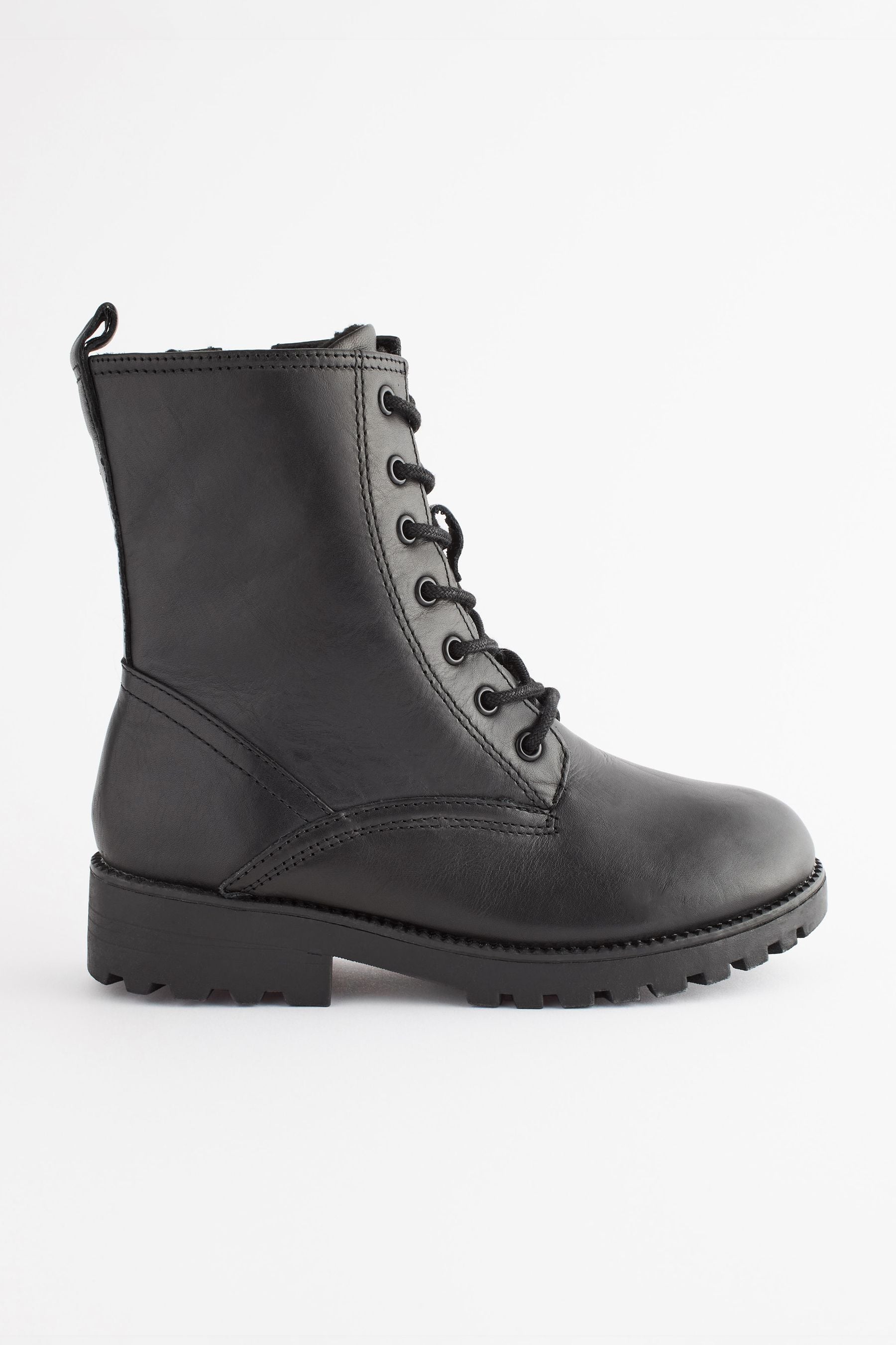 Black Leather Standard Fit (F) Warm Lined Lace Up Boots