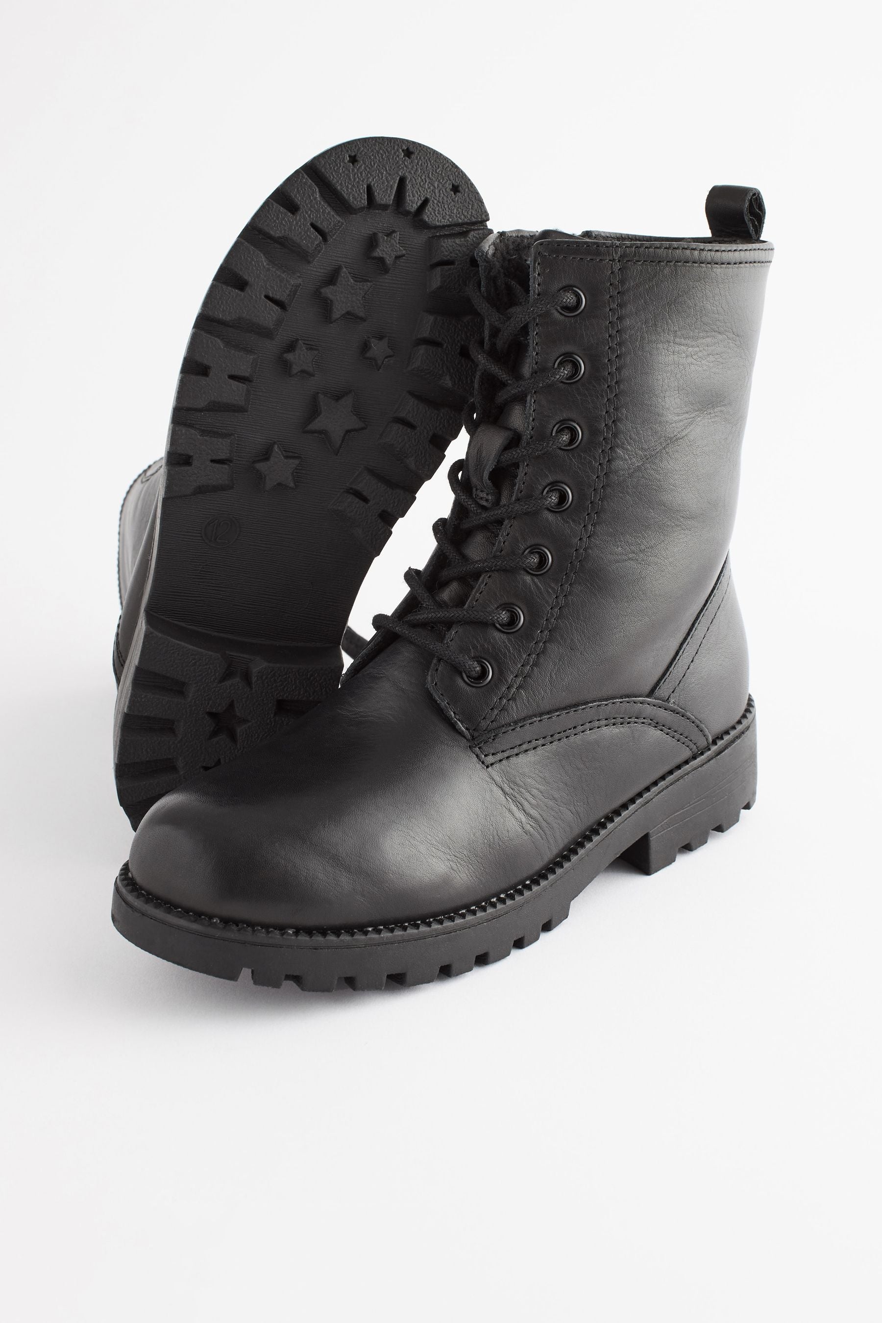 Black Leather Standard Fit (F) Warm Lined Lace Up Boots