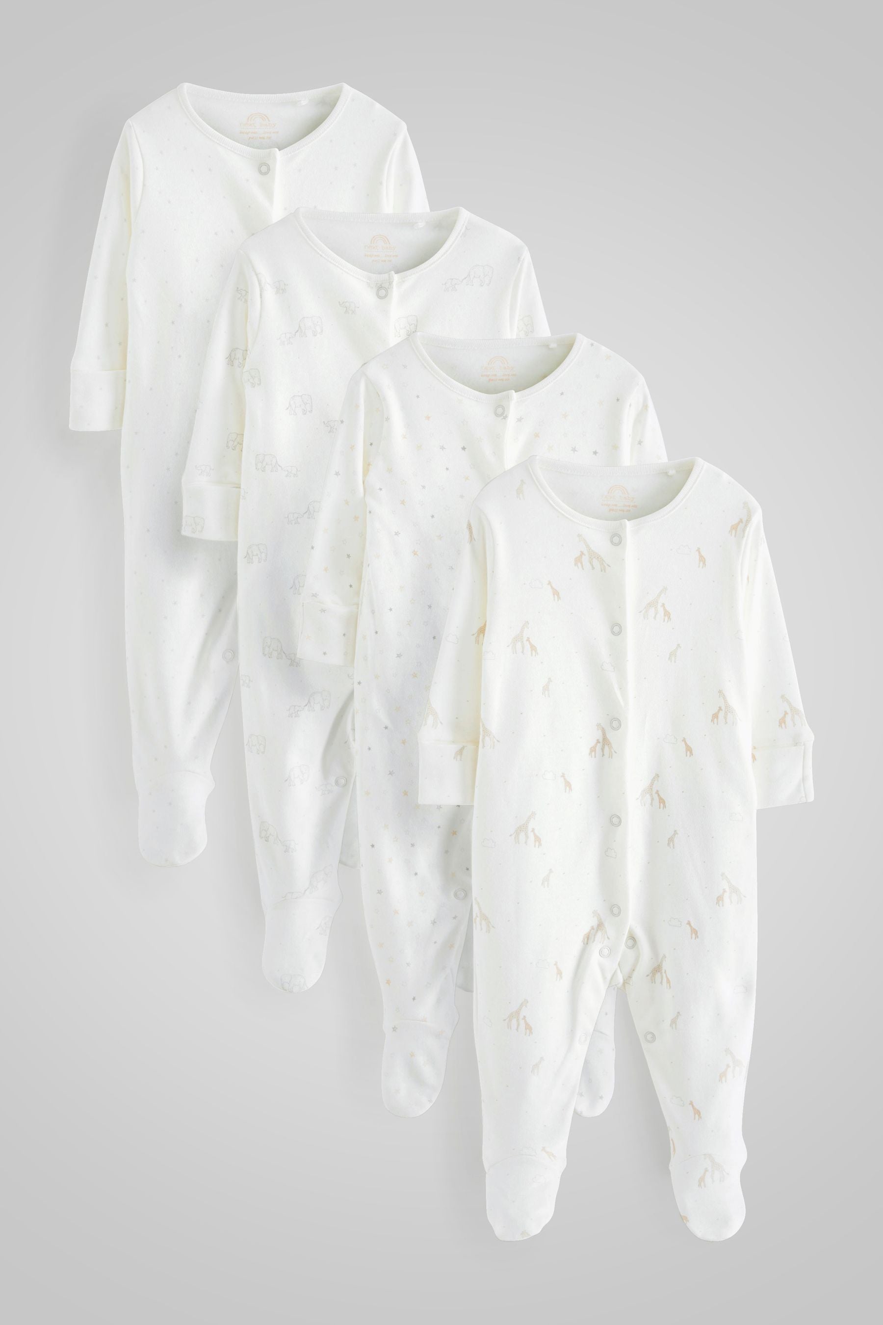 Delicate White Animal 4 Pack Baby Printed Long Sleeve Sleepsuits (0-2yrs)