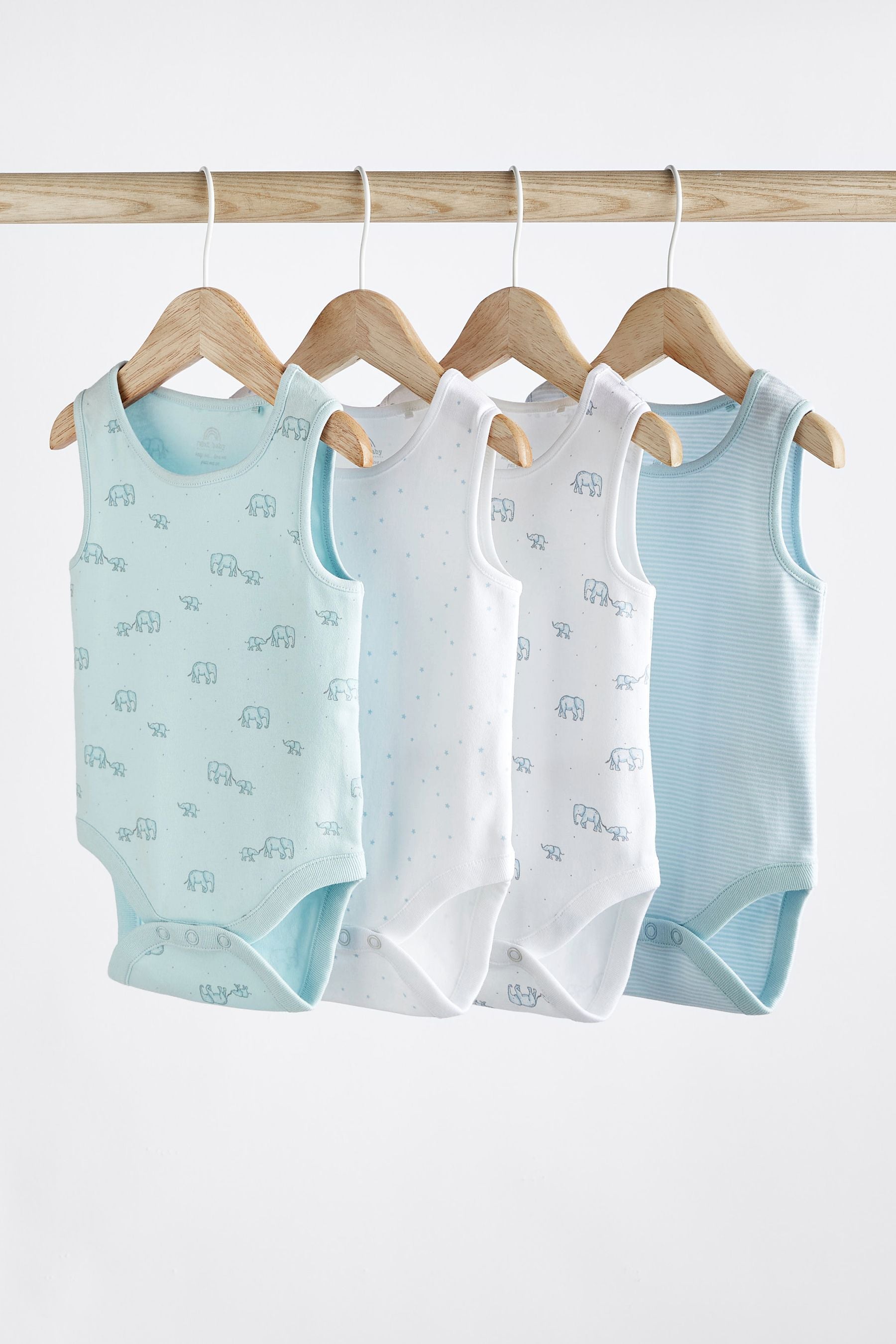 Blue/White Elephant 4 Pack Vest Baby Bodysuits