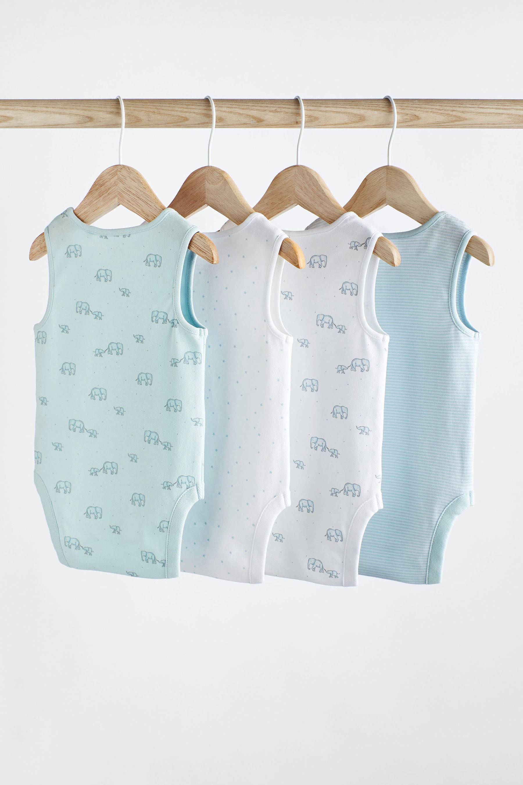 Blue/White Elephant 4 Pack Vest Baby Bodysuits