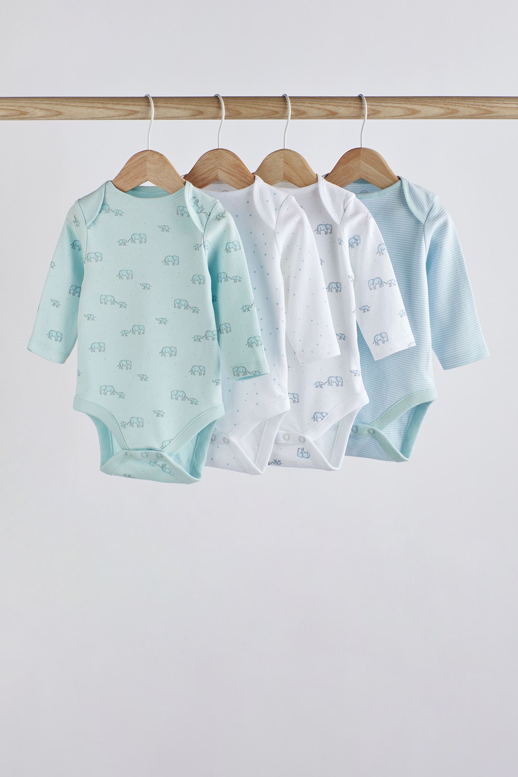 Blue/White Elephant 4 Pack Baby Long Sleeve Bodysuits