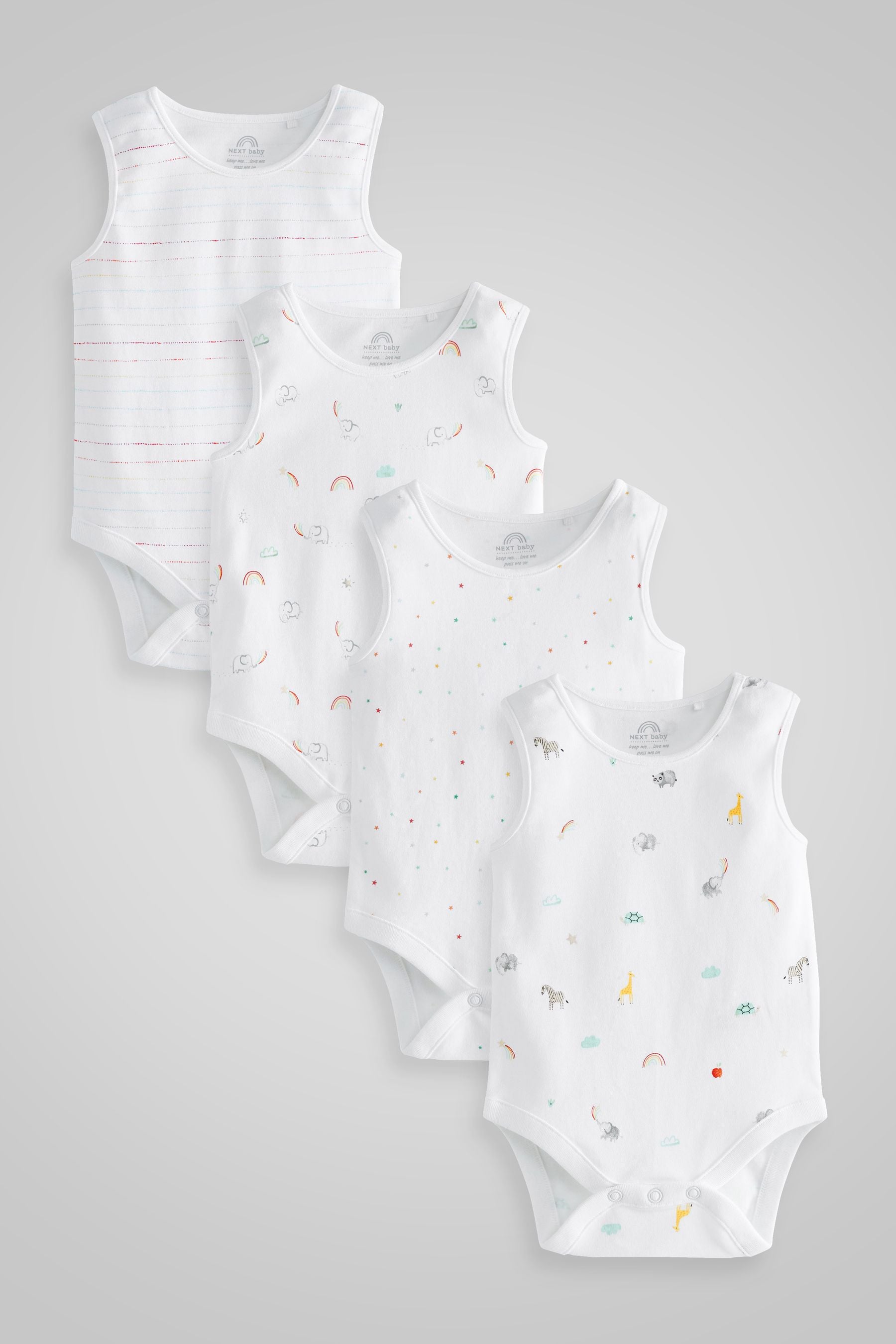 White Bright Animal 4 Pack 4 Pack Baby Vest Bodysuits