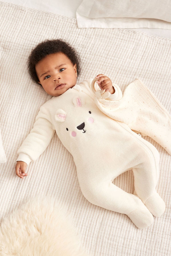 Cream Bear Fleece Baby Sleepsuit