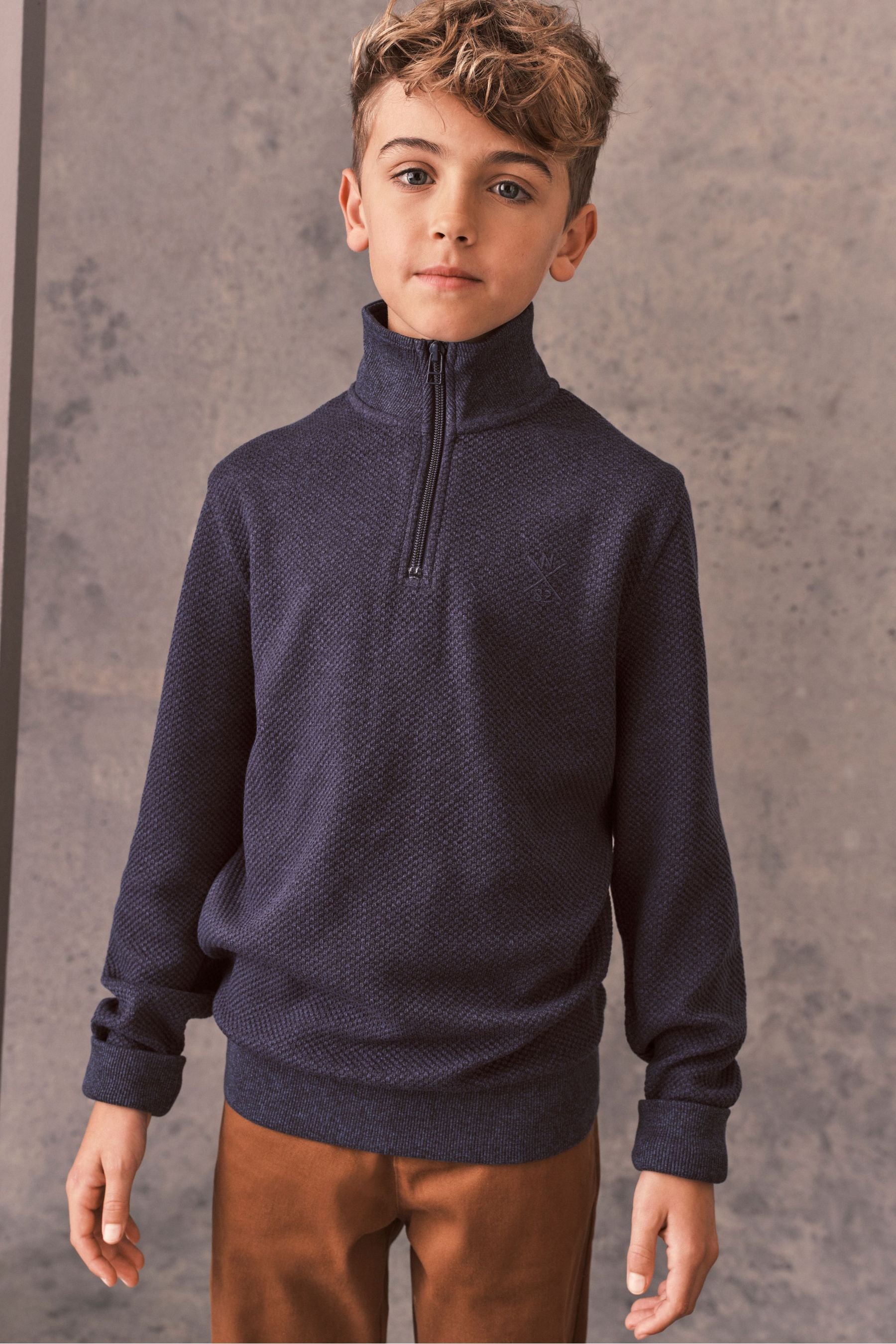 Navy Blue Long Sleeve Textured Zip Neck T-Shirt (3-14yrs)